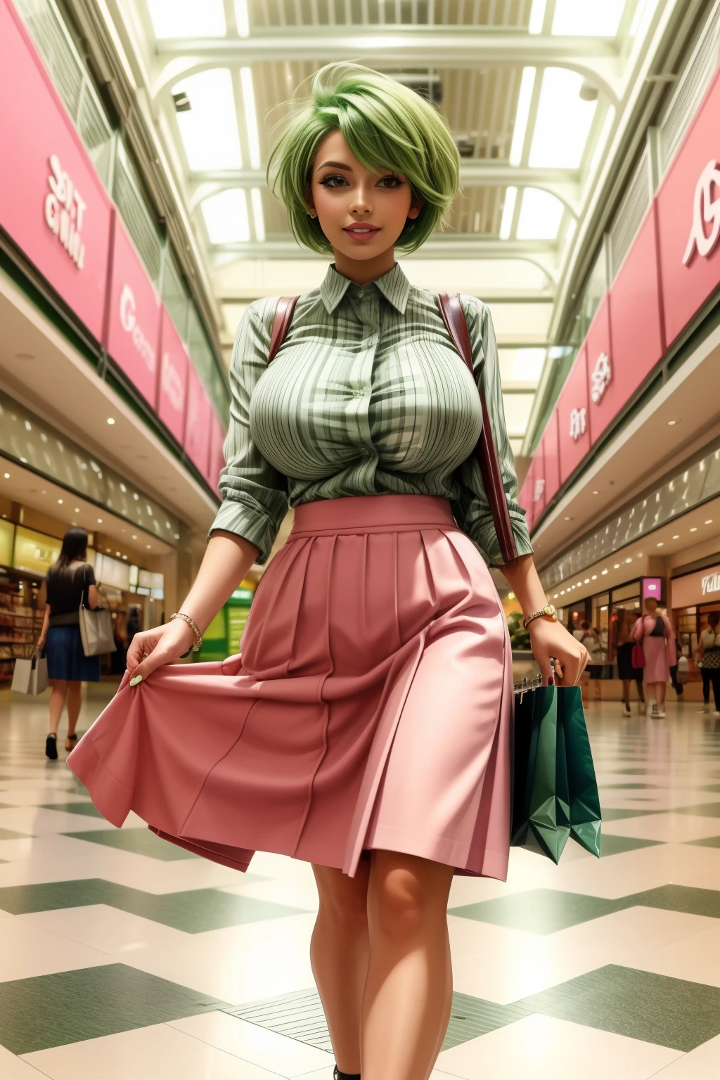 Frederica Greenhill, 25, short cut, green hair, shopping in a mall, Giga_Busty, wears casual pink skirt fashion