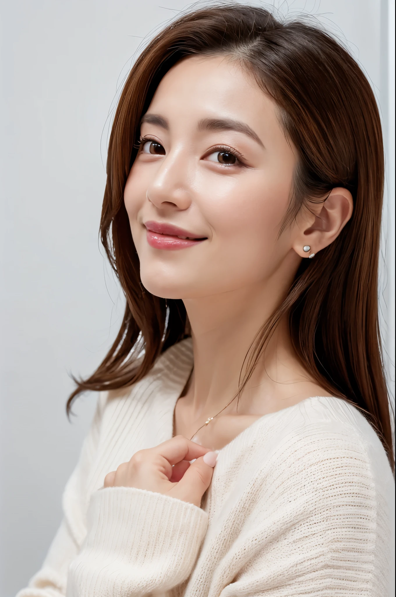 japanese woman, 40s, adult woman、background white, simple背景, white-brown hair, slender, 4K, 8K, high quality, Beauty products, beautiful eyes, simple, high resolution,1 person,beautiful skin,beautiful skin,wearing a white knit,winter,smile,