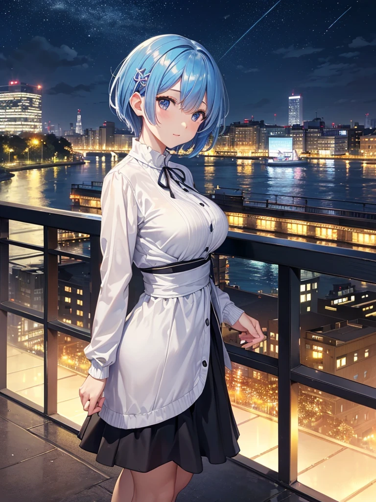 masterpiece, best quality, ultra-detailed, rem, re zero, Blue hair, Short hair, large breasts, black jacket, sweater(タートルネック),ロングブーツ, 
(nighttime city skyline reflecting
on ariver surface, numerous illuminated
high-rises in the background, a riverbank
promenade in the foreground with a
terrace restaurant andafew people
warm lighting with an urban vibe, overcast
sky with a hint ofnight blue, windows of
buildings glowing with yellow and white
lights)、(sense of depth:1.5)、(long shot:1.3).