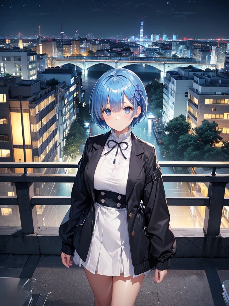 masterpiece, best quality, ultra-detailed, rem, re zero, Blue hair, Short hair, large breasts, black jacket, sweater(タートルネック),ロングブーツ, 
(nighttime city skyline reflecting
on ariver surface, numerous illuminated
high-rises in the background, a riverbank
promenade in the foreground with a
terrace restaurant andafew people
warm lighting with an urban vibe, overcast
sky with a hint ofnight blue, windows of
buildings glowing with yellow and white
lights)、(sense of depth:1.5)、(long shot:1.3).