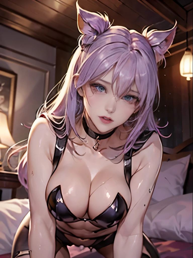a beautiful lady, solo, all fours, close up, Open your mouth and put out your mouth and drool、netorare smil, bimbo paradise, breasts, cleavage, beach, luxury room, bed,(Super big breasts that are about to fall out)、(((Tecateca skin、Shiny skin、Oil skin、wetted skin、Sweaty skin、Slimy skin)))、快楽の虜、絶頂、絶頂で果てる、妖艶な女、ahegao, SEXを誘う女、誘惑、