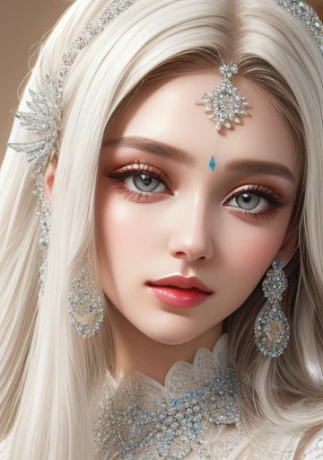 beautiful girl with long hair, white, diamond inserts, many details, close-up, hyper-detailed