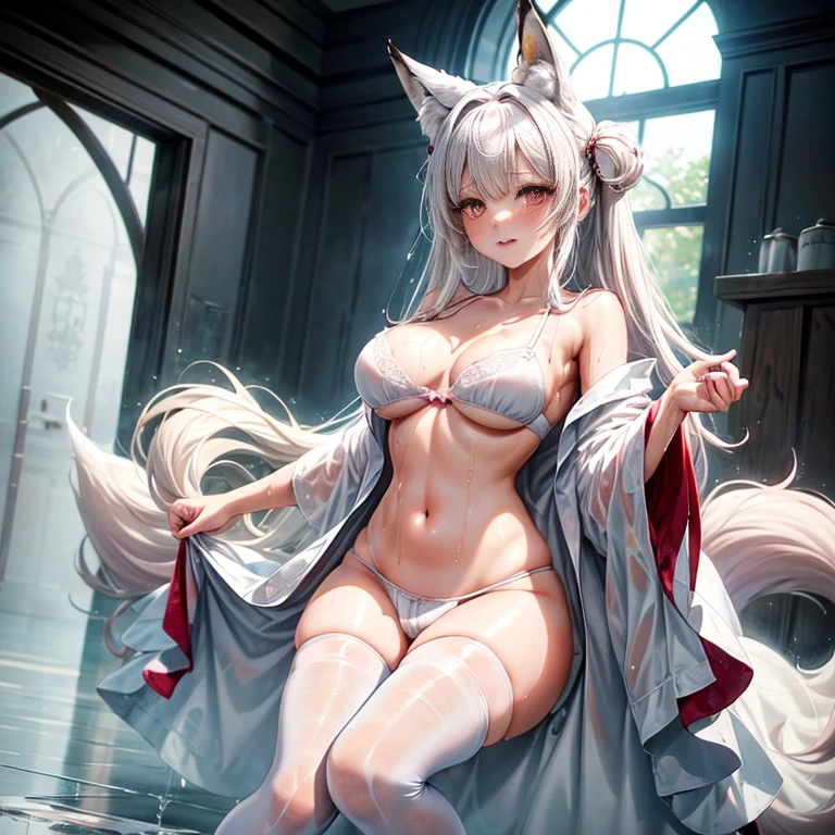 masterpiece、top-quality、1girl in。(bathrobe:1.2), white hair,Red Eyes,(mare:0.8), (Fantastical:0.7), (A smile:0.8),fox ear,salon,wear bra, wear dress , wet clothes,wet hanging,salon, perfect body, perfect breast,((blush on: 1.2)),((fox-tails:1)), perfect big fox-tails, crop top, ((white legwear)),hair bobbles, tights, recumbent on the bed, hot, girl below, looking up,(( Wear dress)), white suit,((wet:1.3)), neckline, navel, t-shirt, ((bra)), clothes lift, tights, perfect face,((peeing:1.4)),wear pantie, perfect breast, perfect body