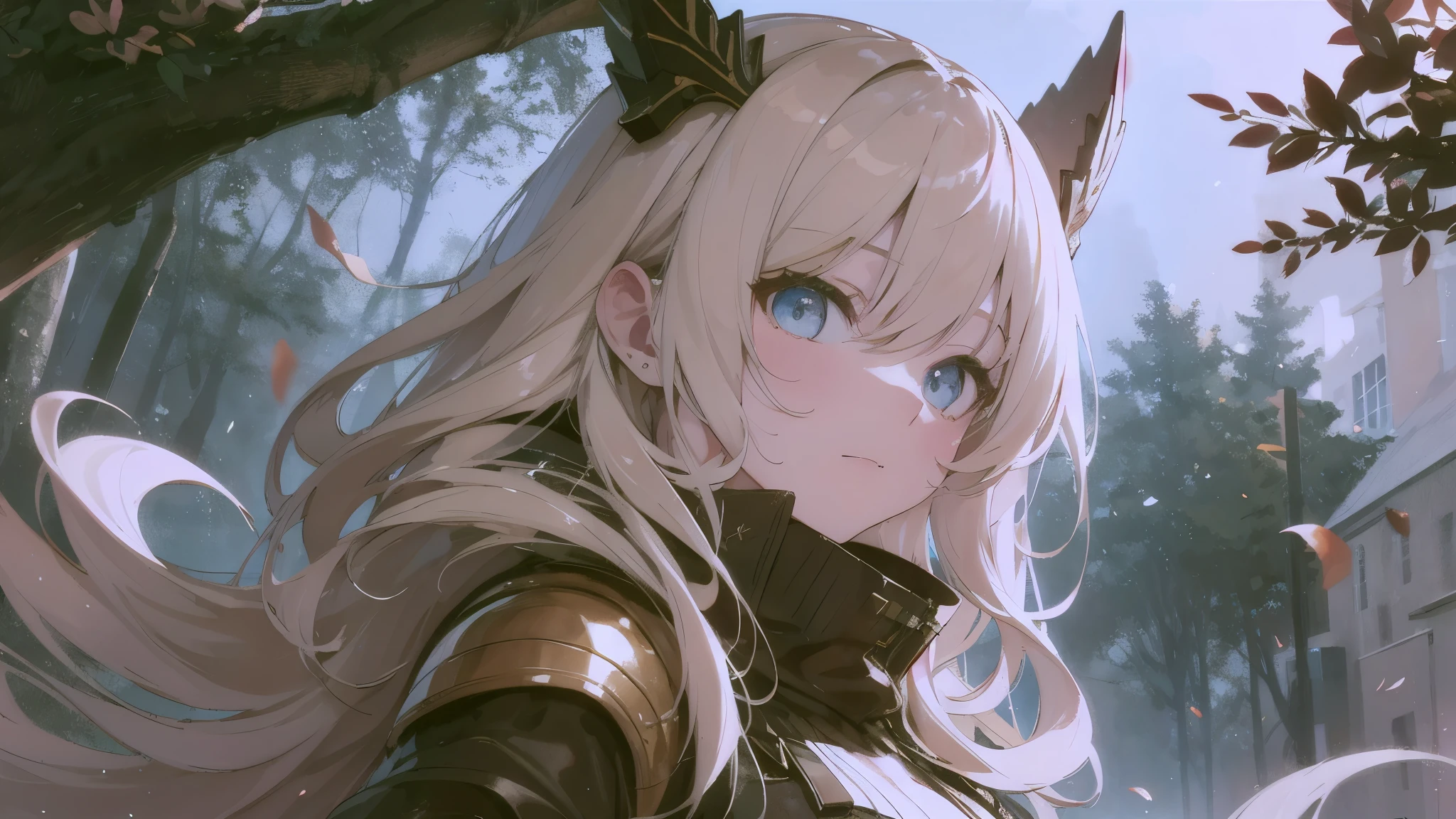 ((masterpiece:1.4, best quality))+, (Ultra-detailed)+, (delicate blue eyes:1.5)+, (Detailed ears:1.5), (cute girls), (Tight white silk:1.5), Tight white silk, Long hair details,no headgear,(Black hood:1.2), pale skin, (brown cloth:1.5), (Black Martin boots:1.4), towering trees,Surrounded by huge black trees,shrouded in thick fog,,huge black crystal,Golden wings,Flying dust,black flag,Mechanical armor made of gold,seaside,(Wanderers:1.1), (dawn light:1.2), ), (close up:1.1), the only person, Bright blonde hair, Gloom (Express), from the front, from below, best quality, high resolution, high detail, high quality, 16k