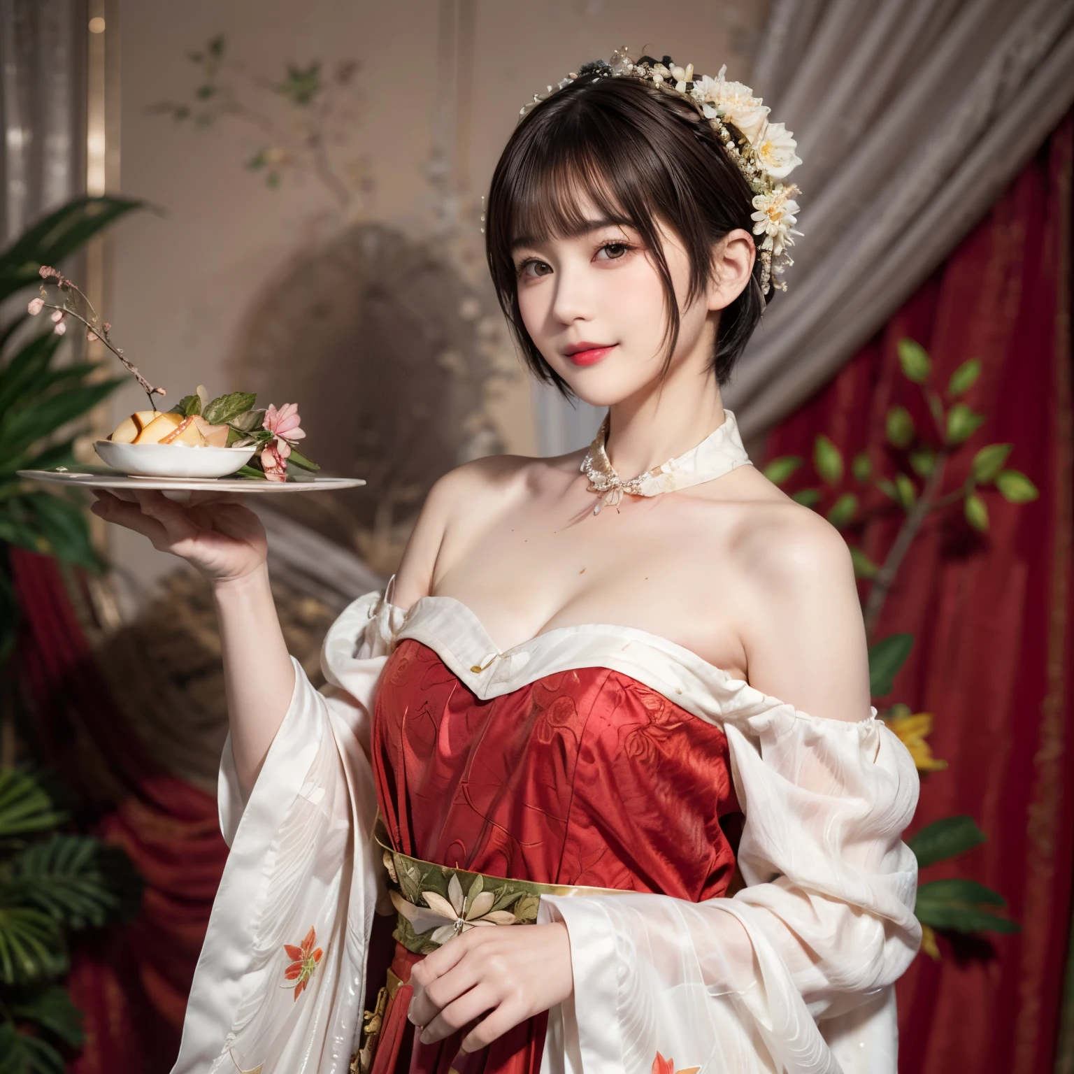 148
(20 year old woman,Floral costume), (surreal), (High resolution), ((beautiful hairstyle 46)), ((short hair:1.46)), (gentle smile), (breasted:1.1), (lipstick)