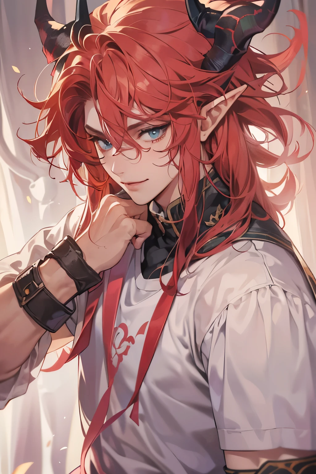 (table top, digital art, digital illustration, 4K, 8K, super detailed, beautiful images, clear image, realistic, RAW photo, perfect face, perfect lines, perfect eyes, soft lighting) 1 male human, (Red hair、long hair、amber eyes,messy hair、Bullish look,Smile confidently、Demons、Two black horns grow from its head.、Pointed elf-like ears、32 years old:1.3),ハンサムなmale性, (White t-shirt with dowel dowel、vest、muscular、Thin macho,Firm shoulder width, male:1.2),Sit on a throne with your legs crossed、The king、Demon King、hair fluttering in the wind、Sunburned healthy skin、desert oasis、