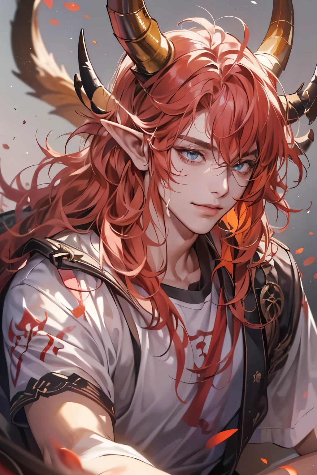 (table top, digital art, digital illustration, 4K, 8K, super detailed, beautiful images, clear image, realistic, RAW photo, perfect face, perfect lines, perfect eyes, soft lighting) 1 male human, (Red hair、long hair、amber eyes,messy hair、Bullish look,Smile confidently、Demons、Two black horns grow from its head.、Pointed elf-like ears、32 years old:1.3),ハンサムなmale性, (White t-shirt with dowel dowel、vest、muscular、Thin macho,Firm shoulder width, male:1.2),Sit on a throne with your legs crossed、The king、Demon King、hair fluttering in the wind、Sunburned healthy skin、desert oasis、