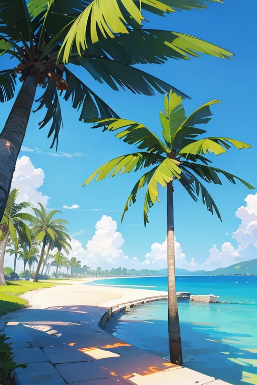 16K, masterpiece, best quality, ultra-detailed, sea, beautiful blue sky, palm tree, sunlight,