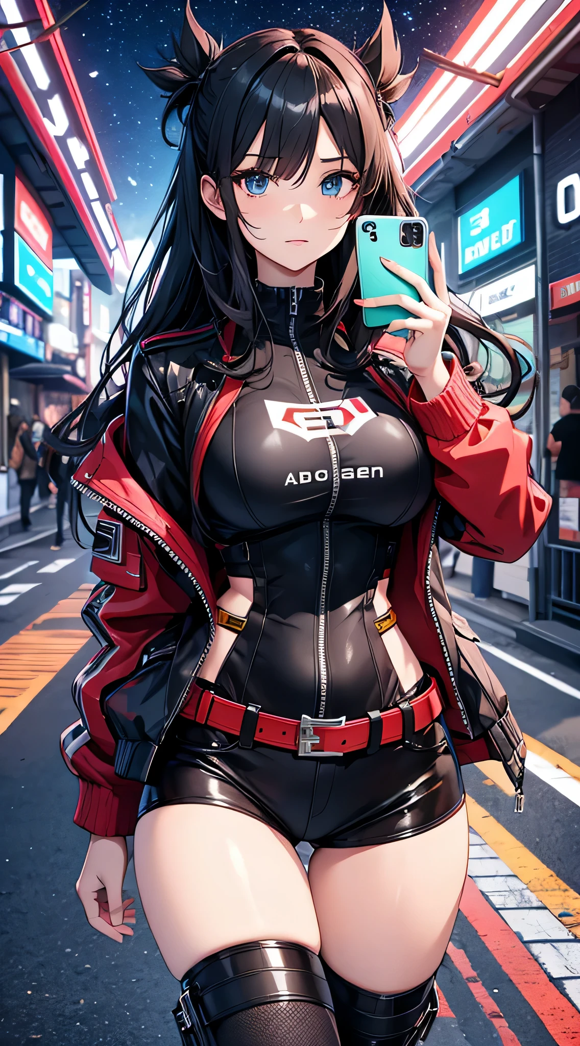 最high quality、best image quality、masterpiece、teenage girl((18-year-old、 By becoming、vest bust、medium bust,wide open breast tea、black eye, black hair、long hair、thin,highest valley、toned chest、white shirt、knee high boots、red jacket、Have a smartphone、Selfie Pose、Kick Pose)),high quality、beautiful art、background((cyber road at night)),debris flies、Depth of written boundary、movie、visual art、perfect art、8K,genuine