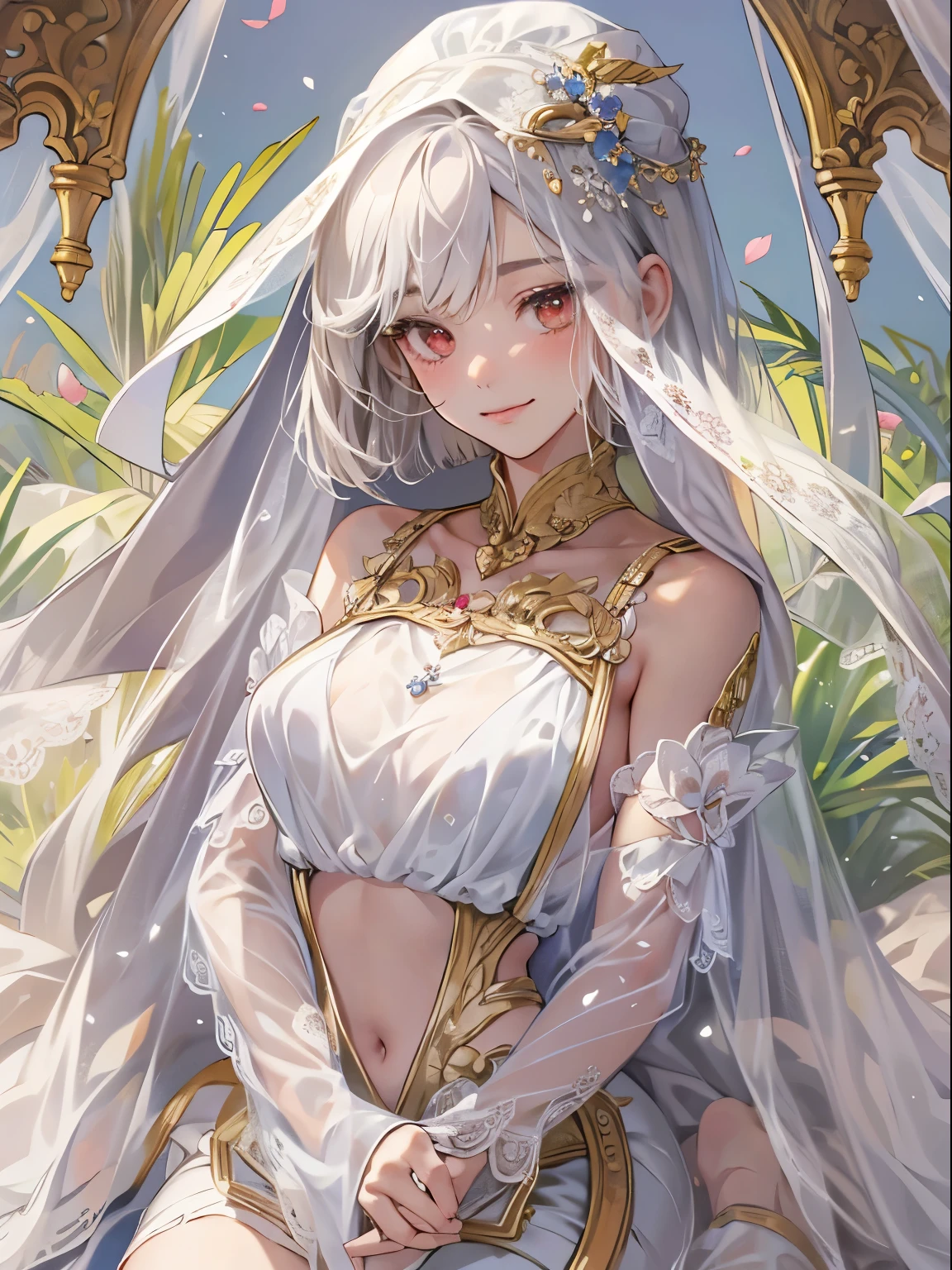 （enrich the image，Masterpiece quality）Beautiful 8K CG artwork，Goddess-like posture，Kneeling exercise，スリムでsoft,(transparent skin,Platinum Brand,bob cut,The skin is fair and juicy:1.3),Outlook part 1.2x enhanced silhouette effect,(white shorts,black knee high boots,Gold thread edging,Loose and obliquely lowered belt,Open tube top with back,The details are intricate and exquisite:1.1),the background is a little blurry,In flowering meadows,Temptation of attractive and voracious feet，drooling,Clothes that show body lines,blush,open your legs wide,attract,Platinum Brand,red eyes,wheezing,Trance,Breasts porori,soft,- Rubbed violently from behind,See through,Plug-ins,innocent smile,Dagger in hand,desert oasis,Marry the King of the Desert,Delicate veil of white lace,canopy bed,squirt,