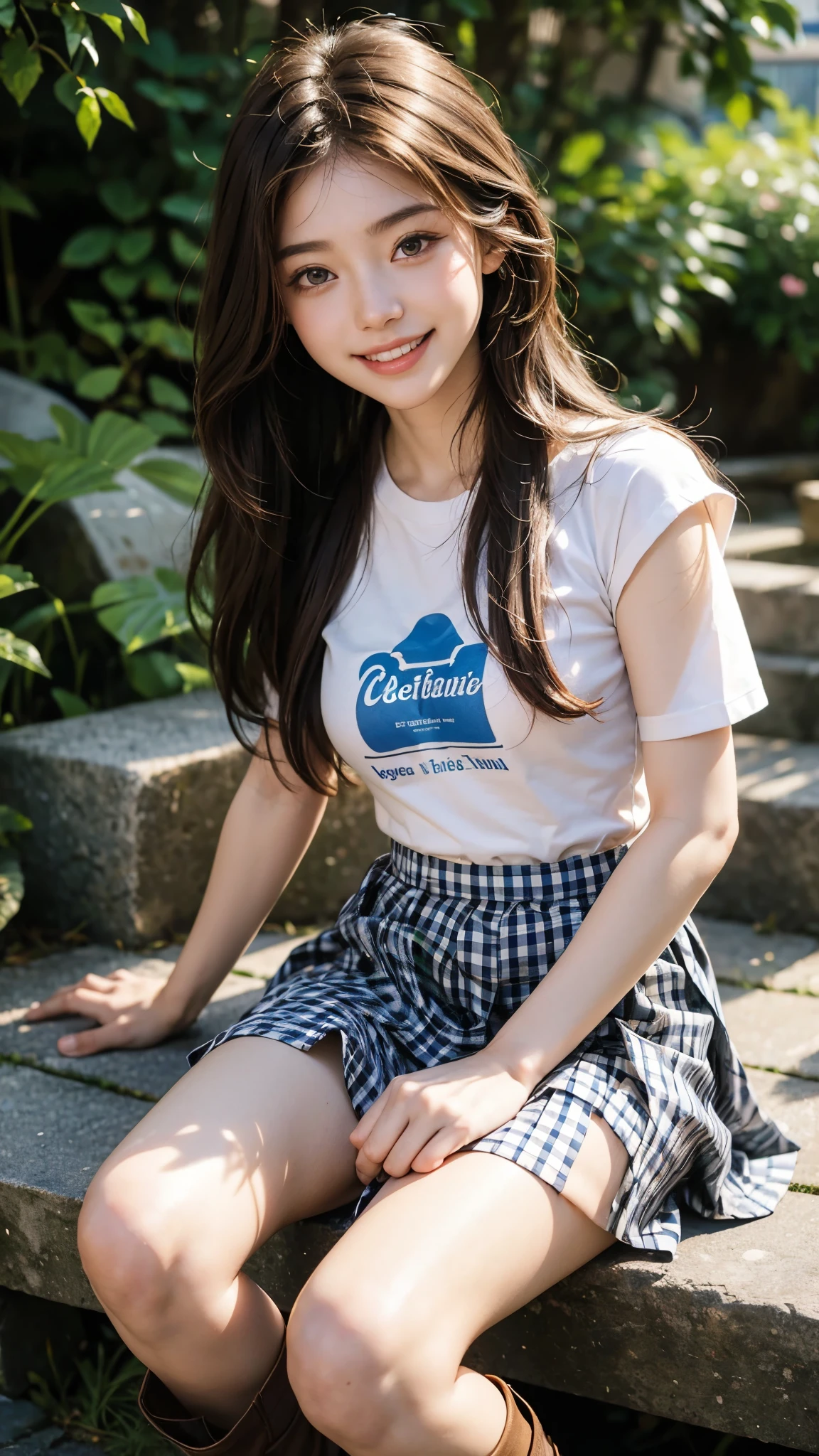 highest quality, masterpiece, ultra high resolution, (realistic:1.4), (close portrait) Raw photo, 1 girl, 22 years old, ((A-line gingham check pleated skirt)),((Chibi T-shirt)),(Knee-high boots),masterpiece, realistic pictures, japanese pictures, fuji negative film, saturation, contrast, Pocari Sweat Advertisement ((small breasts)),((smiling showing teeth)),long hair,brown hair,