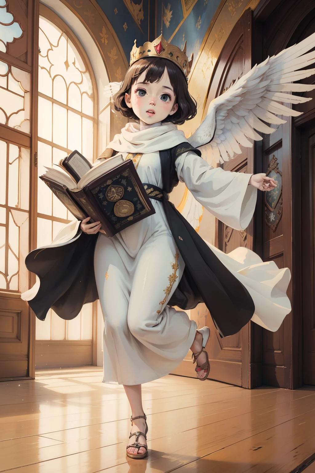 ((best quality)), ((masterpiece)), (detailed), perfect face, a little flying child with wings holding the holy Quran wearing white abaya hijab crowned, 4k, ultra detailed, UHD, full body shot, photography, light dreamy background