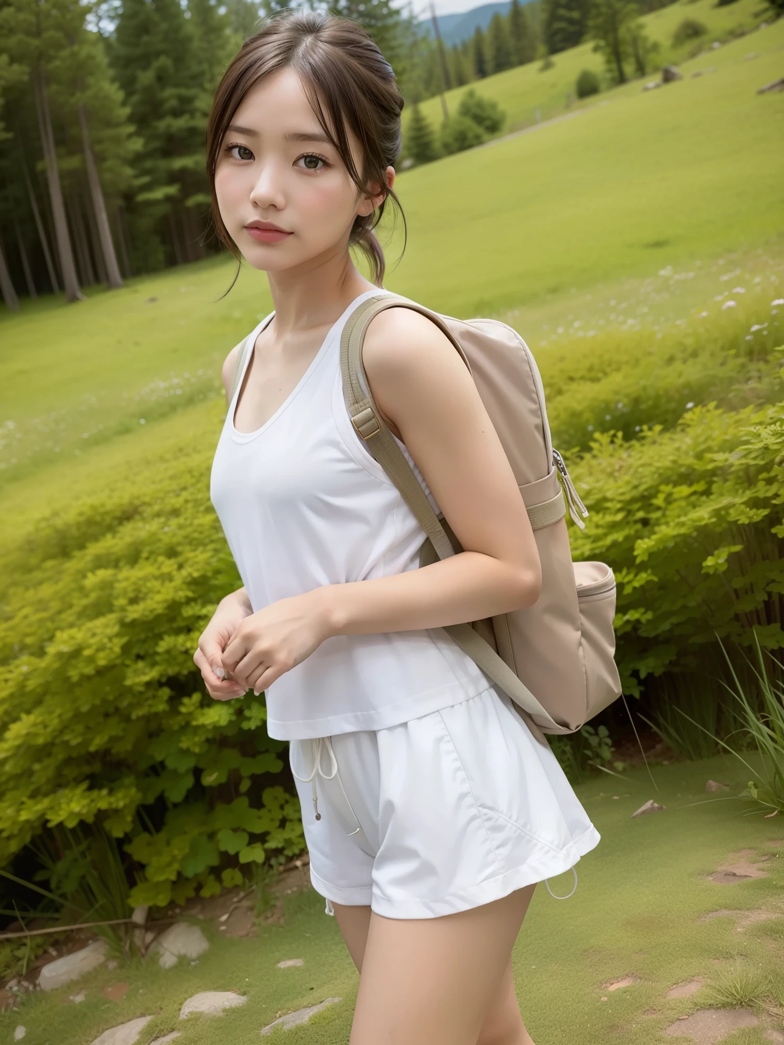 Nature scape photography; mountain climbing; Carrying a backpack; nude, ((of the highest quality, 8K, masutepiece: 1.3, Raw photo)), Sharp Focus: 1.2, (1 AESPA Girl :1.1), (Solo: 1.18), (Realistic, Photorealistic: 1.37), (Face Focus: 1.1), Cute face, hyperdetailed face, Short messy hair, updo, (Small breasts, flat chest: 1.3), Thigh, flower,