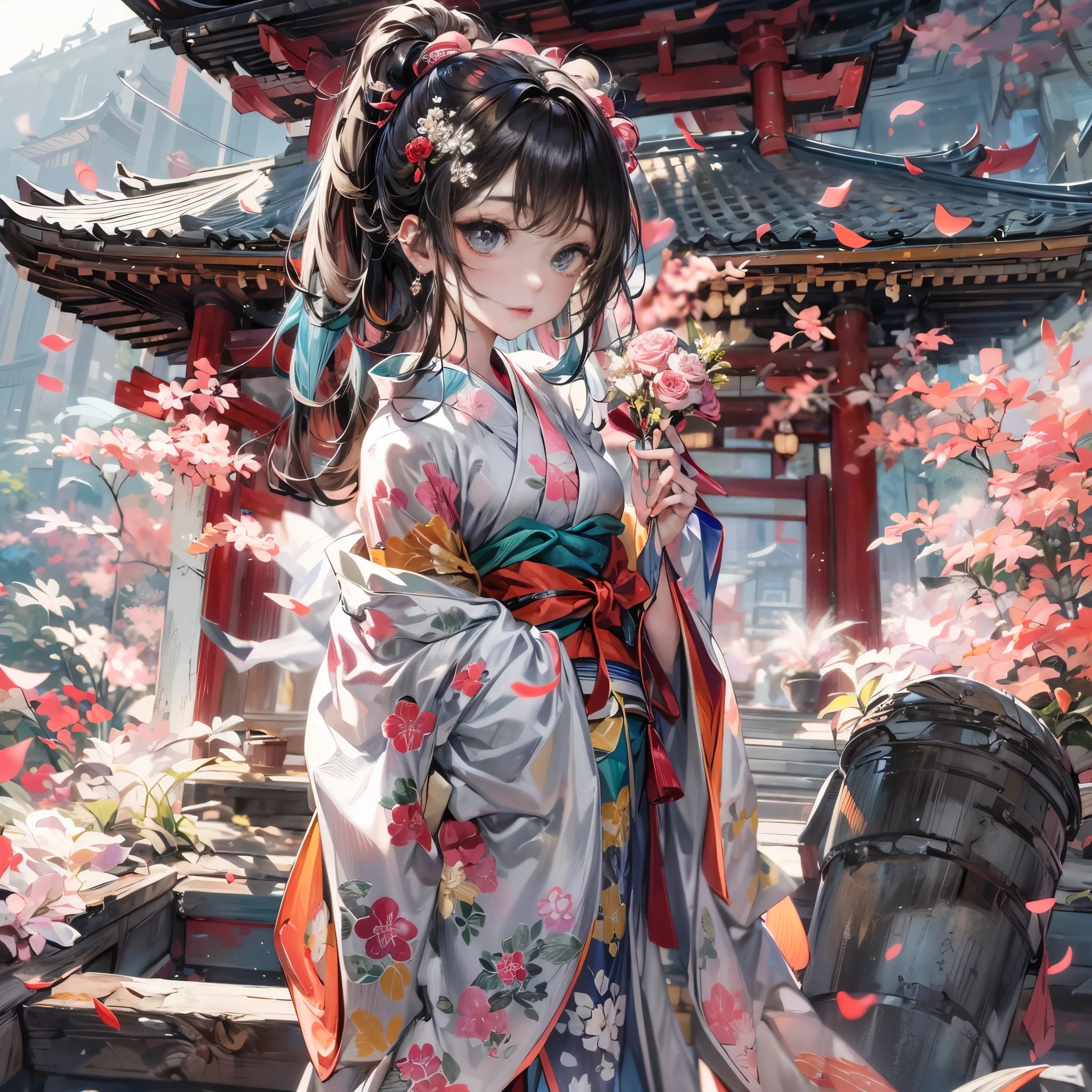 cinematic lighting,super dense skin、Beautiful and detailed eye quality,perfect anatomy,(replace、dim color, pleasant tone:1.3),(Detailed beautiful facial features:1.3)NSFW、girl wearing fancy kimono、 （girl with bouquet、I will give you a bouquet of flowers、highly detailed hands:1.6）hot spring、Wet and transparent Japanese clothes、Inside the temple where you can see the waterfall of Kiyomizu-dera Temple、Highly detailed feet、whole body