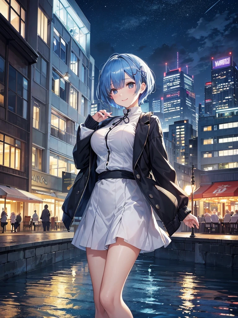 masterpiece, best quality, ultra-detailed, rem, re zero, Blue hair, Short hair, large breasts, black jacket, sweater(タートルネック),ロングブーツ, smile, 
(nighttime city skyline reflecting
on ariver surface, numerous illuminated
high-rises in the background, a riverbank
promenade in the foreground with a
terrace restaurant andafew people
warm lighting with an urban vibe, overcast
sky with a hint ofnight blue, windows of
buildings glowing with yellow and white
lights)、(sense of depth:1.5)、(long shot:1.3).