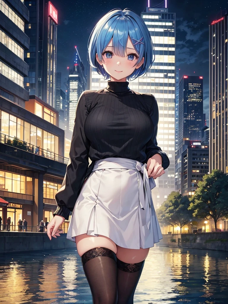 masterpiece, best quality, ultra-detailed, rem, re zero, Blue hair, Short hair, large breasts, black jacket, sweater(タートルネック),ロングブーツ, smile,
(nighttime city skyline reflecting
on ariver surface, numerous illuminated
high-rises in the background, a riverbank
promenade in the foreground with a
terrace restaurant andafew people
warm lighting with an urban vibe, overcast
sky with a hint ofnight blue, windows of
buildings glowing with yellow and white
lights)、(sense of depth:1.5)、(long shot:1.3).