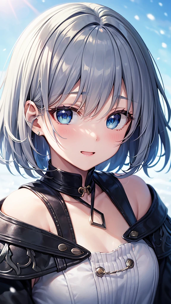super high quality, with a girl, 20-year-old, very short hair, long bangs between the eyes, pale blue eyes , blue sky, sunlight, very detailed,(masterpiece、highest quality)、alone、gray hair、laughter、White skin as clear as snow、fantasy, silver hair, black eye, beautiful eyes,, ecstasy, charm, be smitten with audience, fantasyな風景、evening