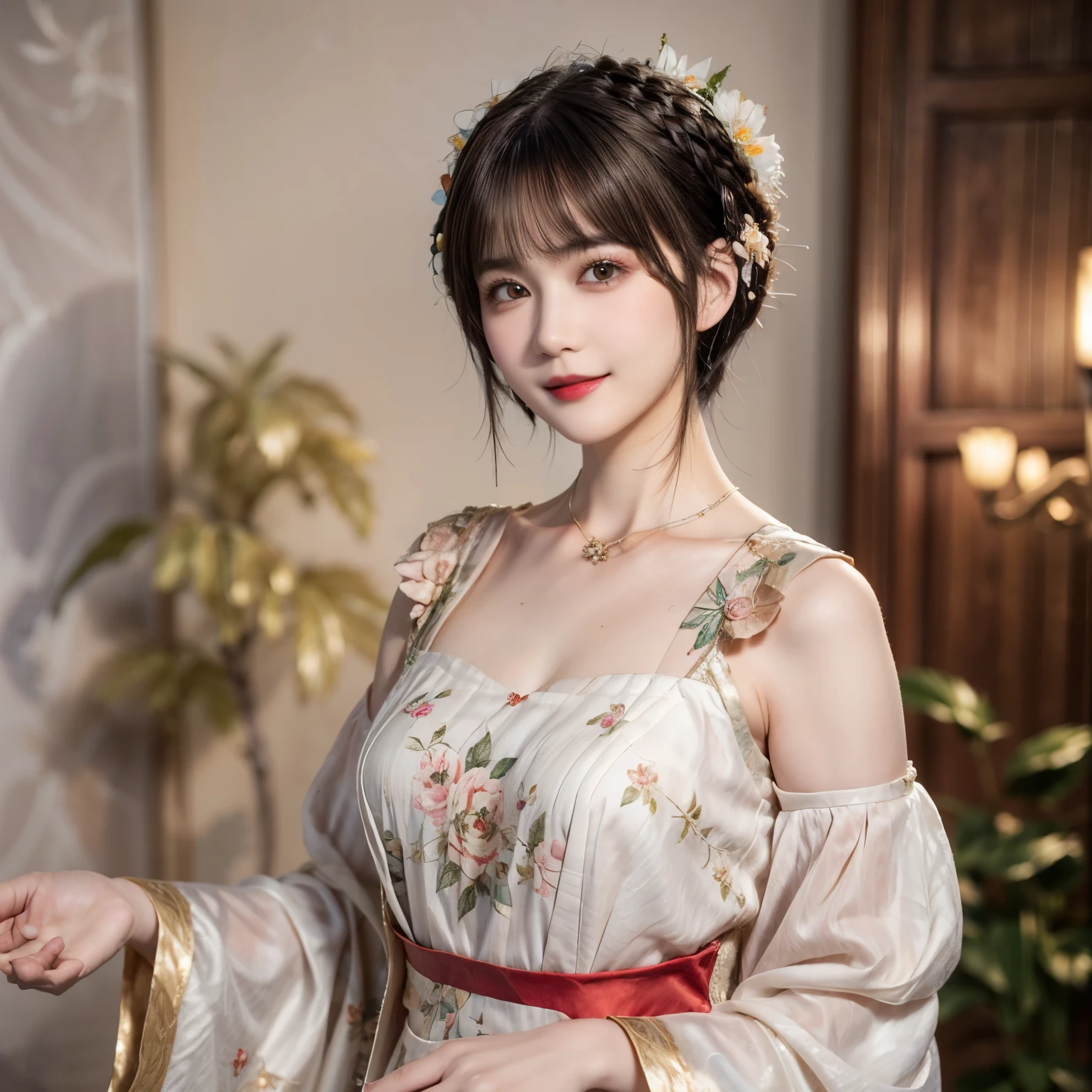 148
(20 year old woman,Floral costume), (surreal), (High resolution), ((beautiful hairstyle 46)), ((short hair:1.46)), (gentle smile), (breasted:1.1), (lipstick)
