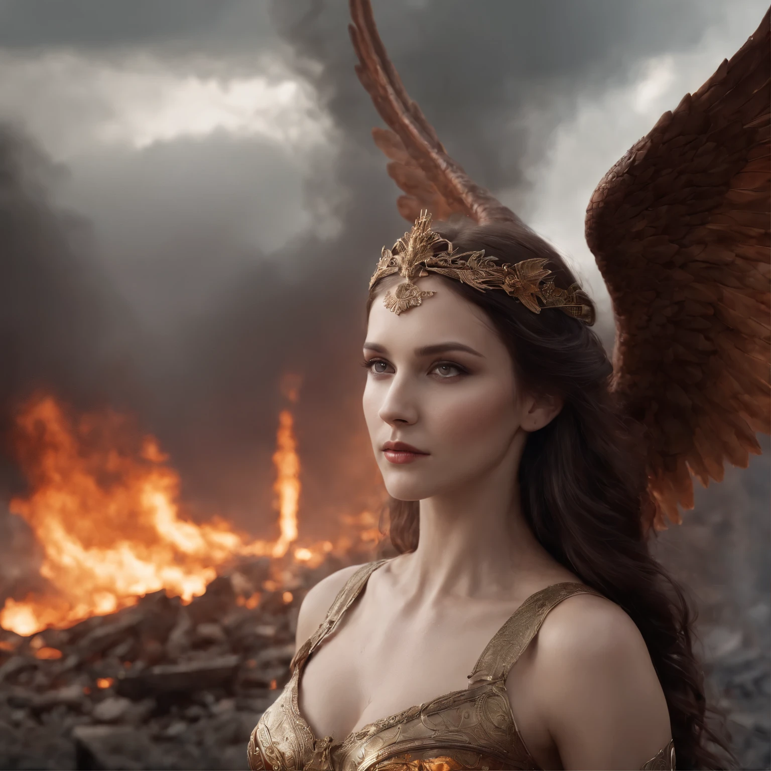 Create an image in a dark and gothic art style depicting a fallen, malevolent angelic goddess with magnificent wings, lying defeated on the ground in the midst of an apocalyptic city consumed by flames and ruins. The composition should focus on the goddess in the foreground, emphasizing her facial expression and wings, while also incorporating a panoramic view that showcases the city's devastated landscape and a stormy sky with distant lightning. Enhance the image with contrasts that highlight the goddess's dual nature, and experiment with lighting effects to create a mysterious aura around her. Integrate subtle details of ruined buildings, reflections of flames in her eyes and wings, swirling smoke, and distant silhouettes of mythical creatures on the horizon. The resolution should be 3000x2000 pixels with a color palette of dark, desaturated tones with intense red and orange accents. Use a mix of textured and soft brushes for intricate details and atmospheric effects. Opt for a slightly low camera angle to emphasize the grandeur of the fallen goddess, and employ soft, diffused lighting from the side to create shadows and highlights. Simulate a wide-angle lens for a panoramic effect, and consider applying a slight grain filter to enhance the gritty atmosphere. Avoid depicting any scenes of hope, revival, or heavenly intervention. Exclude any elements that imply restoration or assistance for the fallen goddess.