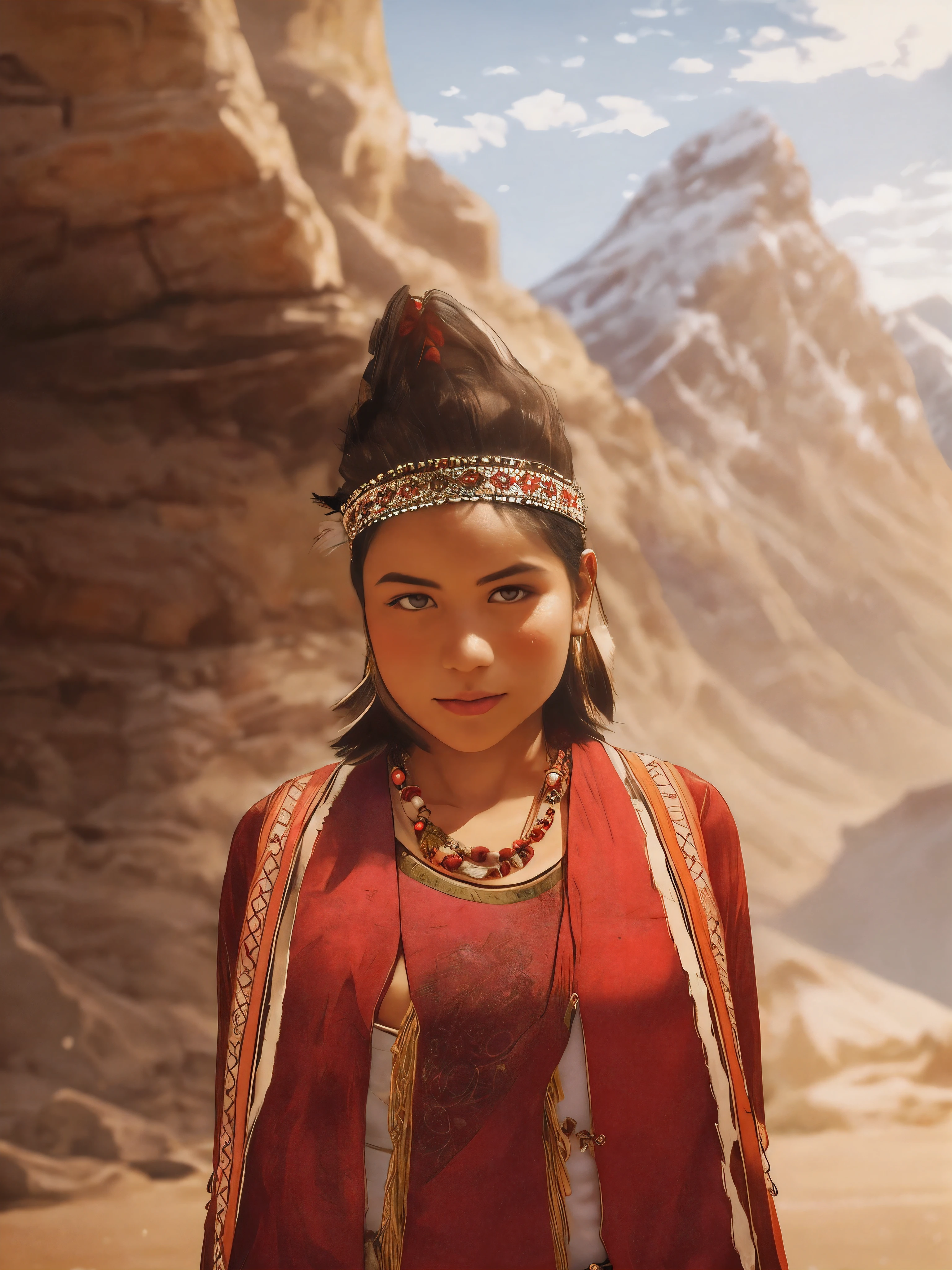 arafed woman wearing a feather headdress and a necklace, a young female shaman, young himalayan woman, she is dressed in shaman clothes, beautiful young himalayan woman, south east asian with round face, traditional dress, wearing authentic attire, portrait of a young pocahontas, a young woman as genghis khan, beautiful young female shaman