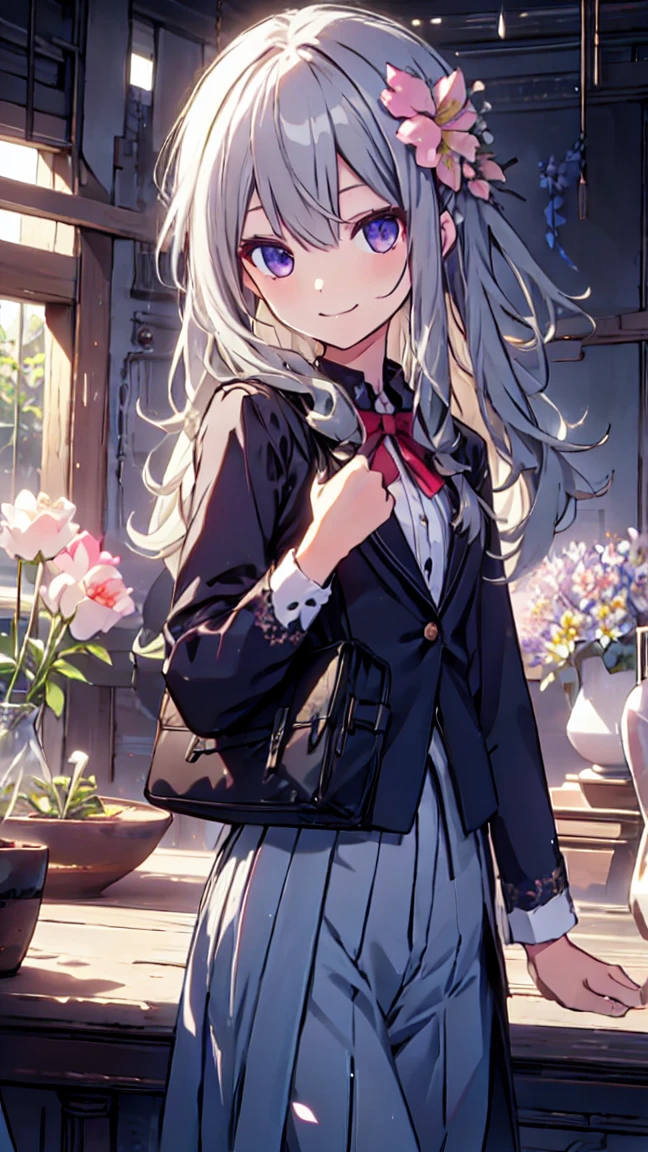 best quality, ultra detailed, absurdres, HDR, 1 li、A bursting smile、flower garden、slender body、uniform、petite、touch the flowers