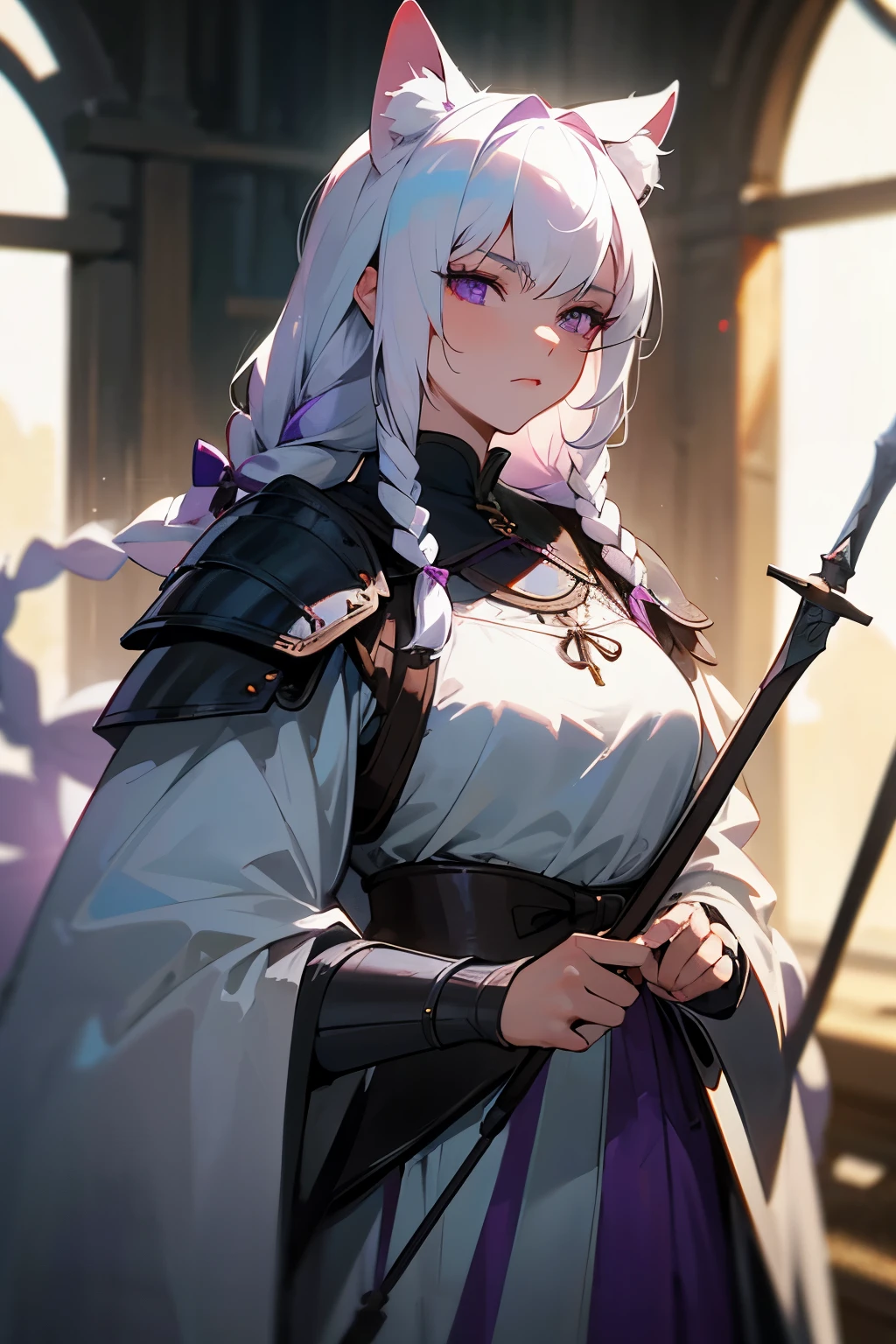 master masterpiece, 4k, highly detailed, woman, mature woman, cat ears, white hair, hair braids, white hair, white fur, dark purple eyes, archer, medieval, armor, medival armor, serious, long bow, bow, Clear focus, slender body, hard lighting,vivd colour.