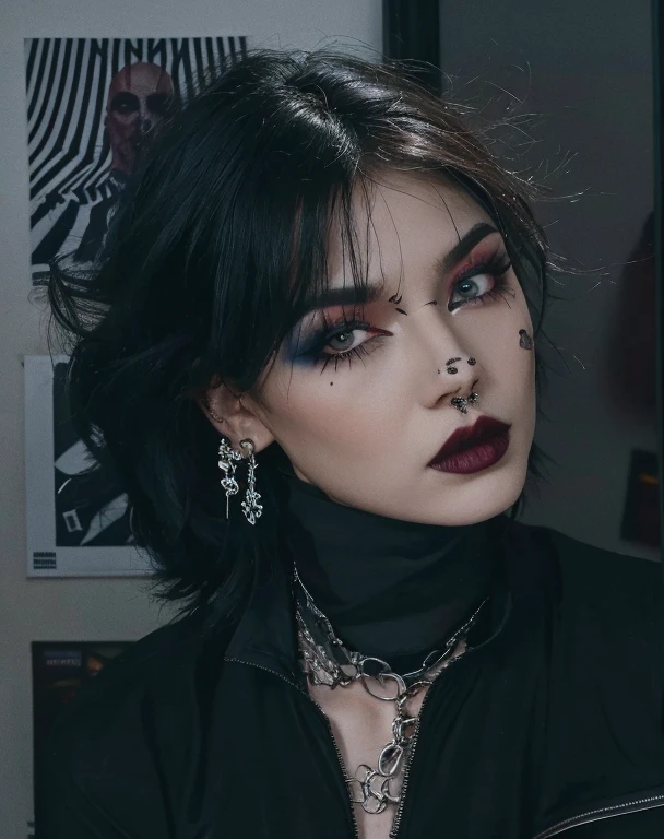 there is a woman with a black shirt and a black top, goth girl aesthetic, androgynous face, goth aesthetic, portrait androgynous girl, beautiful androgynous girl, androgynous, darkwave goth aesthetic, wearing goth makeup, 1 7 - year - old goth girl, aesthetic portrait, goth makeup, huge earrings and queer make up, dark makeup