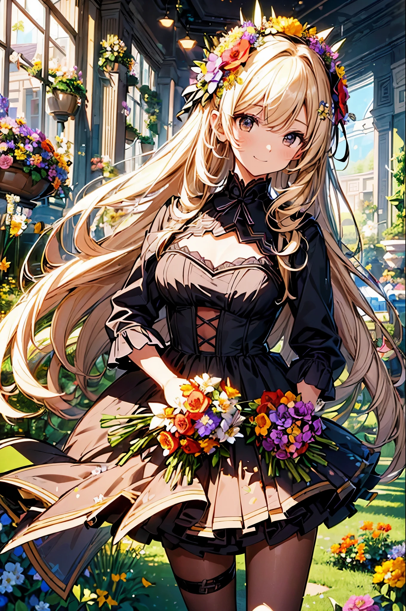 disorganized, High resolution, (official art, beautiful and aesthetic:1.2), (close view:1.2), front composition, 
1 girl, (long hair:1.2), Black and blonde two-tone color、wavy hair, smile, (bunny girl costume)I&#39;ll give you a bouquet of flowers、grab various bouquets、
(Everywhere in the flower garden:1.6), (Flower Effects:1.2), (flower background:1.2), (Background filled with flowers:1.4), (Fancy backgrounds:1.1),