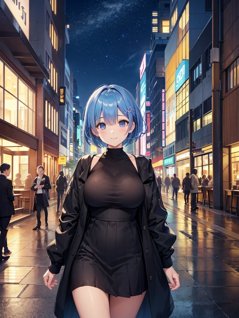 masterpiece, best quality, ultra-detailed, rem, re zero, Blue hair, Short hair, large breasts, black jacket, sweater(タートルネック),ロングブーツ, smile,
(nighttime city skyline reflecting
on ariver surface, numerous illuminated
high-rises in the background, a riverbank
promenade in the foreground with a
terrace restaurant andafew people
warm lighting with an urban vibe, overcast
sky with a hint ofnight blue, windows of
buildings glowing with yellow and white
lights)、(sense of depth:1.5)、(long shot:1.3).