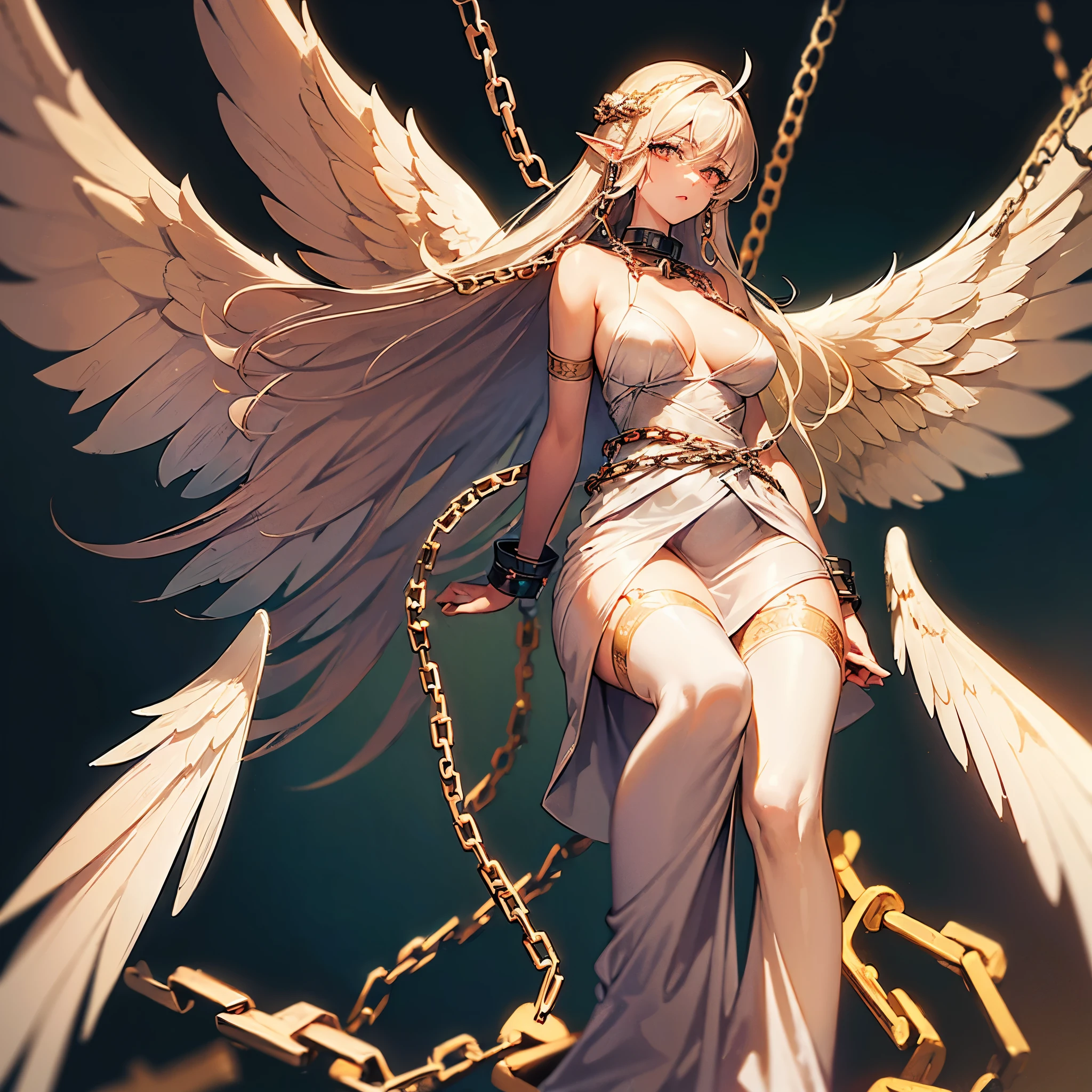 ((highest quality)),(ultra high resolution),(Super detailed),(detailed description),((best CG)),(best work of art),super precision art,great drawing art,(Fantasy art with precise details:1.5), (1 Female Angel:1.6),beautiful and well-shaped face:1.6 sadness:1.4,messy hair:1.5,torn clothes:1.7,(damaged angel wings:1.5),(Chains that wrap around the body:1.6), Dimly lit:1.3