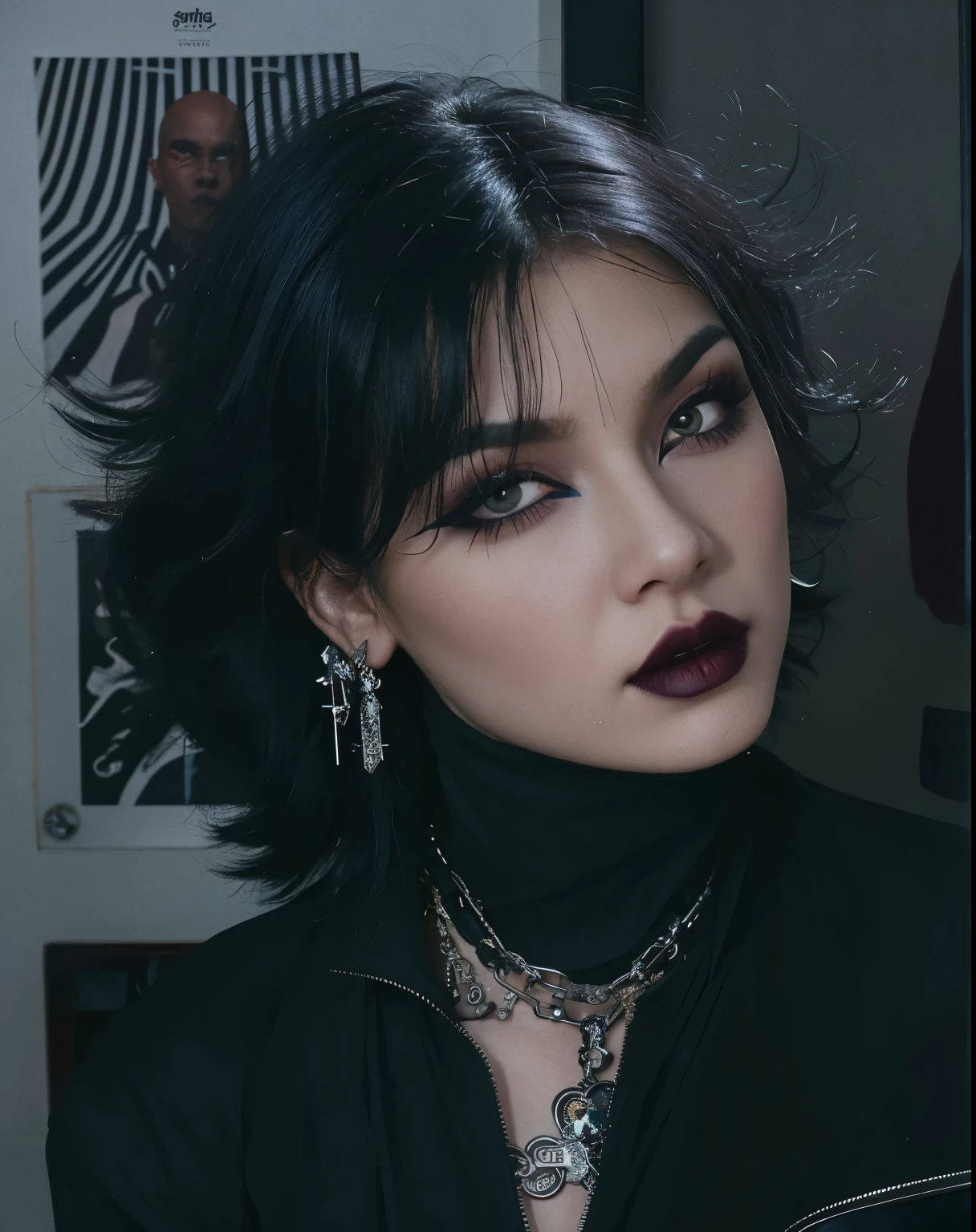 there is a woman with a black shirt and a black top, goth girl aesthetic, androgynous face, goth aesthetic, portrait androgynous girl, beautiful androgynous girl, androgynous, darkwave goth aesthetic, wearing goth makeup, 1 7 - - old h girl, aesthetic portrait, goth makeup, huge earrings and queer make up, dark makeup