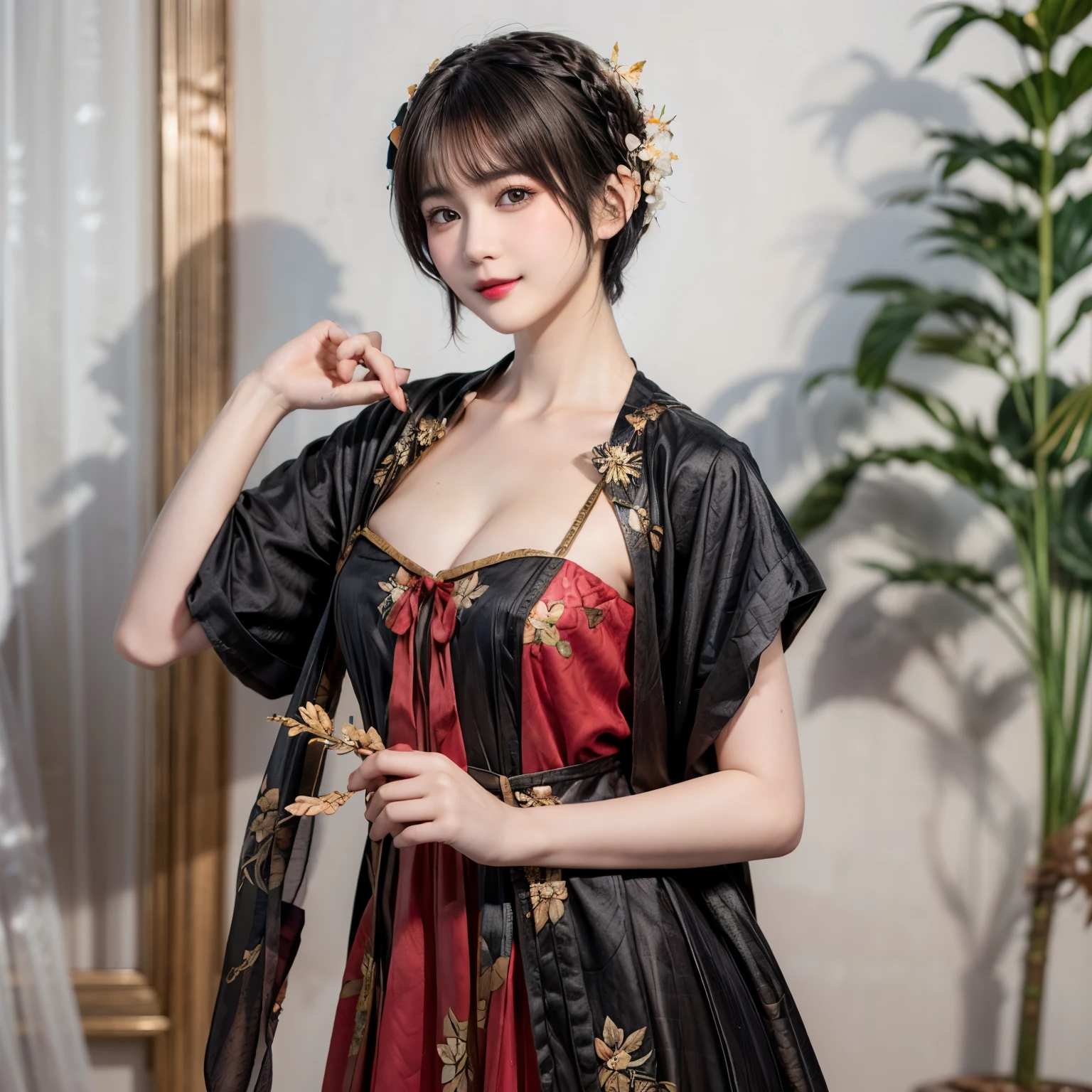 highest quality、masterpiece、(((The costume is disheveled:1.3)))、24 talents、7-Head Beauty、Super High Leg、A smile full of happiness、((looks happy:1.3))、、Shortness of breath face、do not have、sweating、Excited expression、short hair、Glasses、Realistic,High resolution,Soft Light,1 female,Lift your hips high, medium breasts beautiful breasts, Brown eyes, Expensive Gemstones, (A small traditional costume made from an elegant and sexy metallic red fabric with gold embroidery.), ,It's full of elegance and sexiness、Perfectly flexible fingertips
