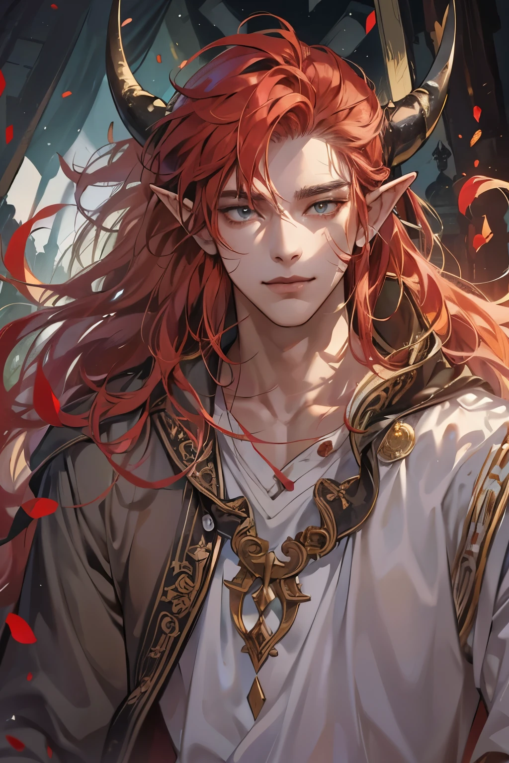 (table top, digital art, digital illustration, 4K, 8K, super detailed, beautiful images, clear image, realistic, RAW photo, perfect face, perfect lines, perfect eyes, soft lighting) 1 male human, (Red hair、long hair、amber eyes,messy hair、Bullish look,Smile confidently、Demons、Two black horns grow from its head.、Pointed elf-like ears、32 years old:1.3),ハンサムなmale性, (White t-shirt with dowel dowel、vest、muscular、Thin macho,Firm shoulder width, male:1.2),Sit on a throne with your legs crossed、The king、Demon King、hair fluttering in the wind、Sunburned healthy skin、desert oasis、