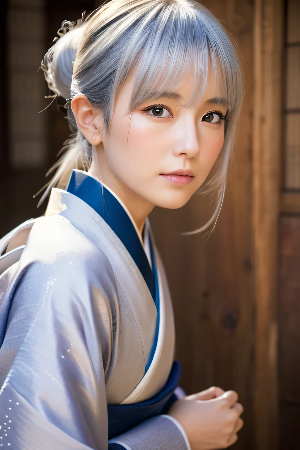 (highest quality, High resolution, masterpiece: 1.3), Beautiful woman, slender body shape, silver hair, japanese kimono, (Edo period town), High-definition face and skin texture, fine eyes, double eyelid