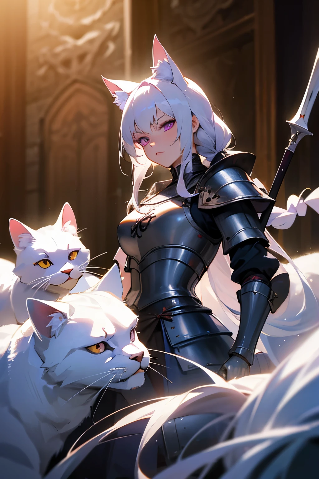 master masterpiece, 4k, highly detailed, woman, mature woman, cat ears, white hair, hair braids, white hair, white fur, dark purple eyes, archer, medieval, armor, medival armor, serious, long bow, bow, Clear focus, slender body, hard lighting,vivd colour.
