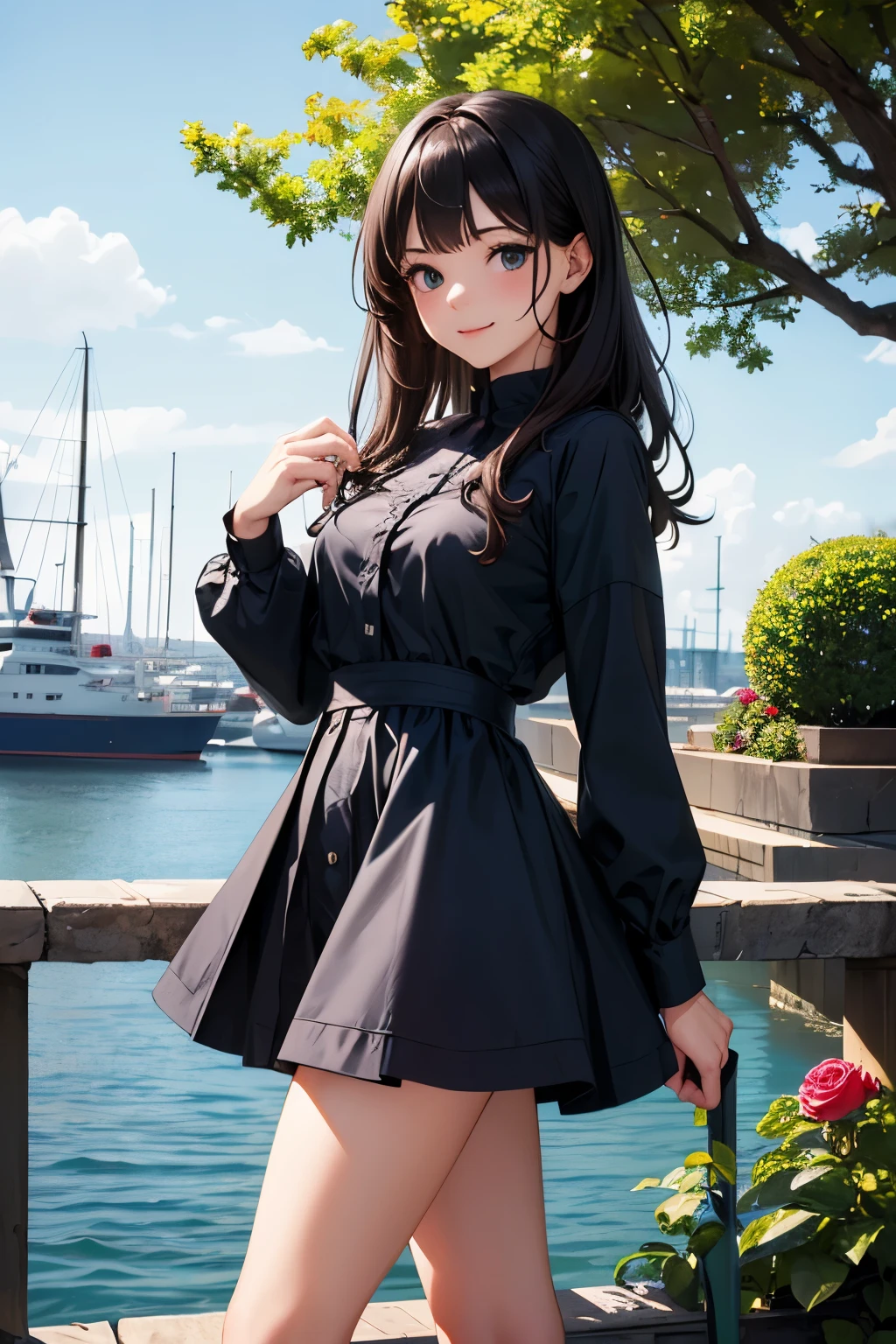 very cute and beautiful girl,(highly detailed beautiful face and eyes:1.2),(smile),cowboy shot,
navy blue frilled dress,walking,dynamic pose,(detailed legs,mini skirt:0.9),
dynamic angle,black hair,(rose garden),navy harbor,warships in distance,detailed background,
(best quality,masterpiece:1.2),(intricate details:1.2),highres,extremely detailed,
solo,natural lighting,hair fluttering in the wind,beautiful detailed sky,perfect hands,