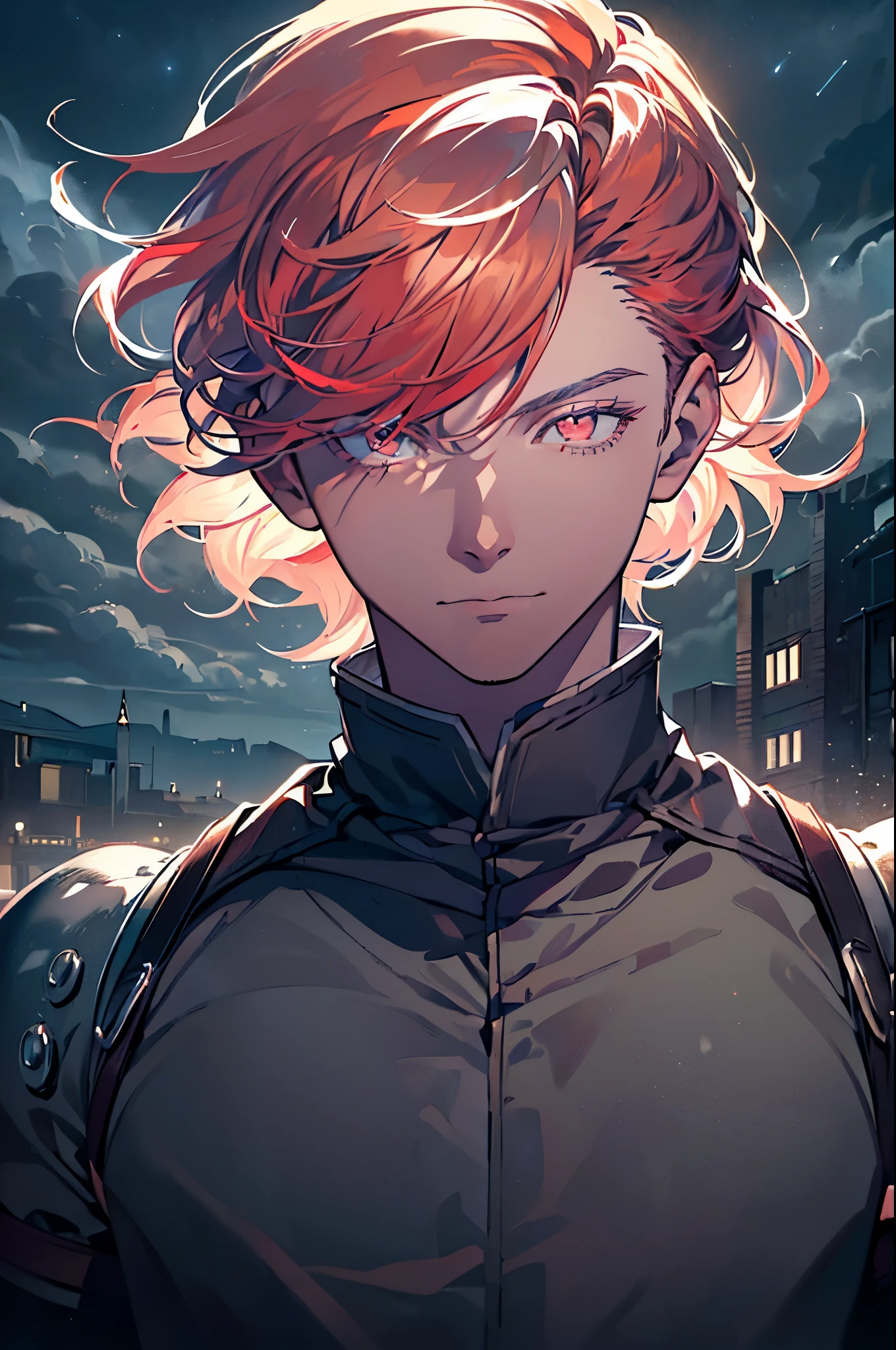 masterpiece, best quality, ((((1boy)))), (colorful),(finely detailed beautiful eyes and detailed face),cinematic lighting,extremely detailed 8k wallpaper, sky, cloudy_sky, building, moonlight, moon, night, (dark theme:1.3), light, fantasy, (((Only one character))), 1 boy, (((red hair))), (((red eyes))), Final Fantasy XIV, Armor (((muscular))) ((close up shot)) ((best face)) ((Male))