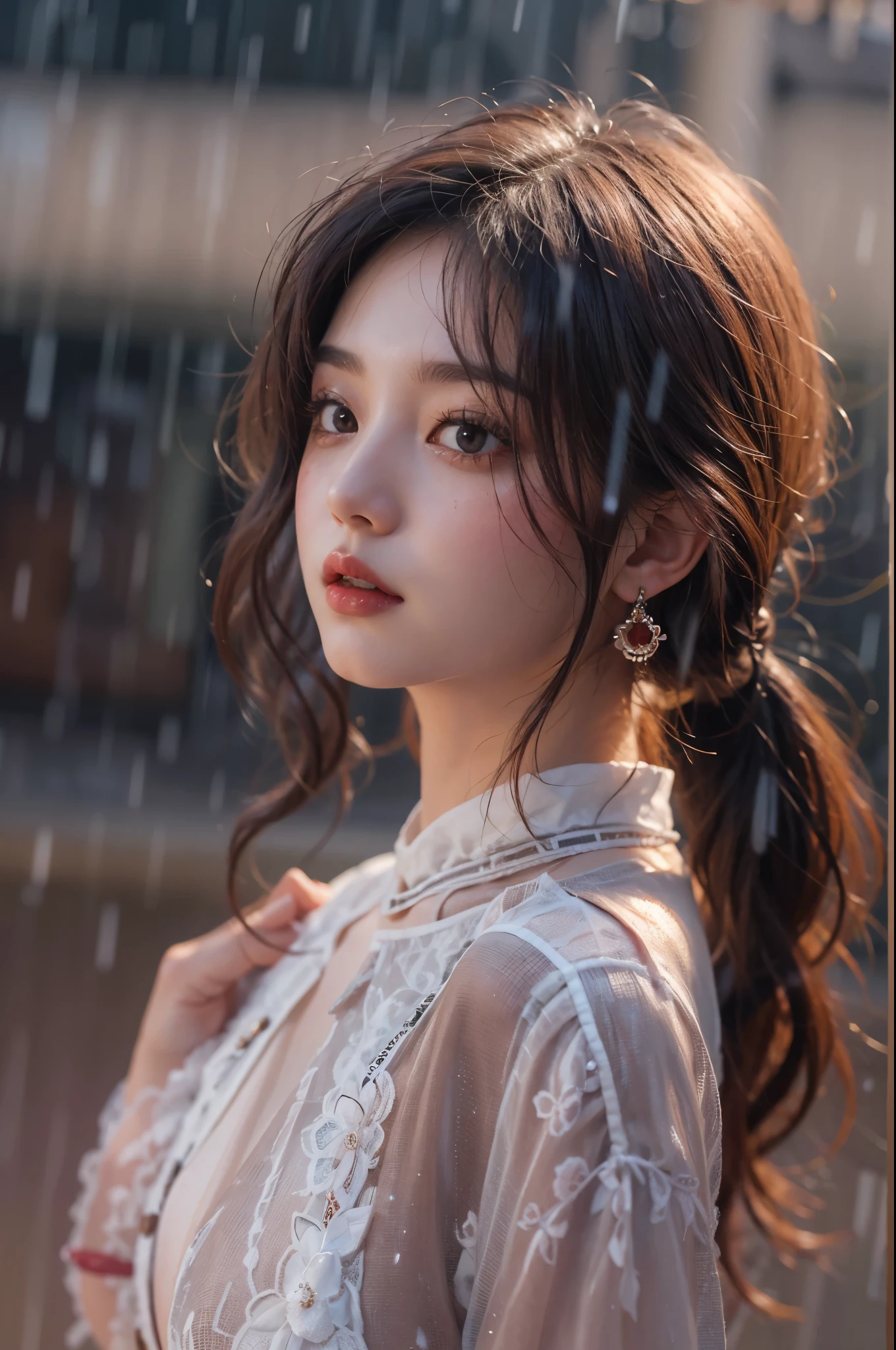 (((profile)))、(Cowboy Shot)、((One girl standing in a bright red pond))、(in her 20s)、((long))、((Pattsun bangs))、((Black hair ponytail))、Pink makeup、(Red-brown eyes)、(Photoreal Stick:1.2)、in 8K、(High quality shadows)、Detail Beautiful delicate face、Detail Beautiful delicate eyes、Cute K-pop Idol、(Korean Urzan Face)、(ulzzang -6500-v1.1:0.6)、gloweyes、perfectbody、Natural color reproduction、Bright red lipstick、((Brown eyes))、Shiny hair、Description beautiful delicate hair、(Lustrous skin)、cloudy ash sky、灯光、Bloody white dress、It's raining heavily and we're drenched、