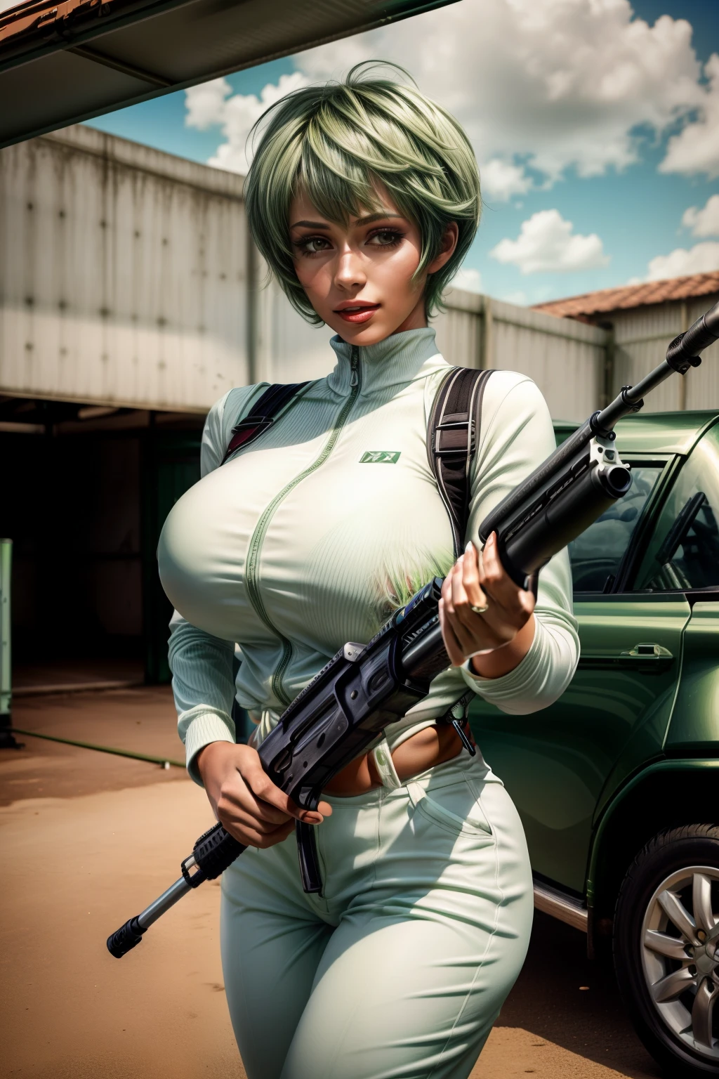 Frederica Greenhill, 25, short cut, green hair,  shoots automatic weapons at a driving range,  Giga_Busty, wears white jumpsuits