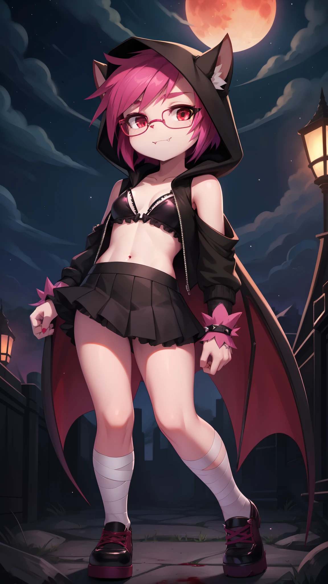 Furry girl, ager, bat, magenta hair, spiky hairstyle, spiky ponytail, spiky side hair, emo girl, red eyes, two tone body fur, pink body fur, clear pink body fur, small breasts, bat wings on back, fangs, ((red glasses, black hood on head, black vest, open clothes, black and purple frilly bikini, mini skirt, bandages on hands)), detailed face, detailed body fur, detailed body, detailed eyes, glistering body, shiny body, :3, sassy face, standing, perfect lighting, perfect shadows, perfect eyes, perfect hair, perfect face, gorgeous body, feets whit three toes, full body, dark tower, night sky, solo, blood moon,