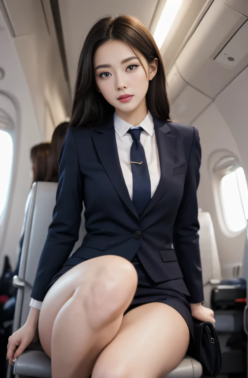 Beautiful flight attendant sitting on airplane seat with legs wide open，beautiful feet、long legs、long face、blush、Open your mouth wide and scream、perfect body，Cabin attendant attire，expression of climax，beautiful stockings，beautiful high heels，full body photo、