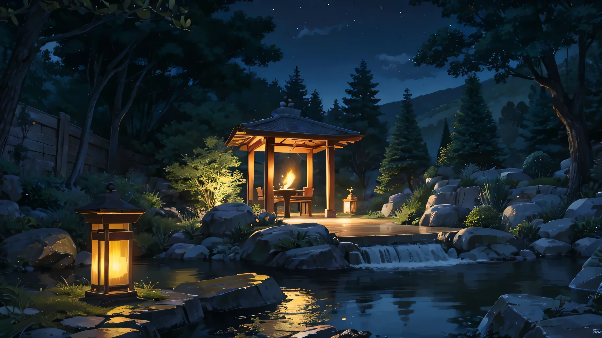 **Promp para a Cena Relaxante Estilo Lofi - Jardim Zen ao Entardecer:**

Descreva um jardim zen ao entardecer, where serenity is palpable. Detalhe as pedras cuidadosamente dispostas, the softly lit lanterns and the water flowing in a stream. Explore os sons relaxantes do ambiente, like the gentle murmur of water and the gentle sway of trees. Includes the unique atmosphere that forms when lanterns begin to light the way, criando uma cena que transmite paz e tranquilidade. Integrate elements of lofi music to accentuate the calm of this outdoor nightfall retreat.