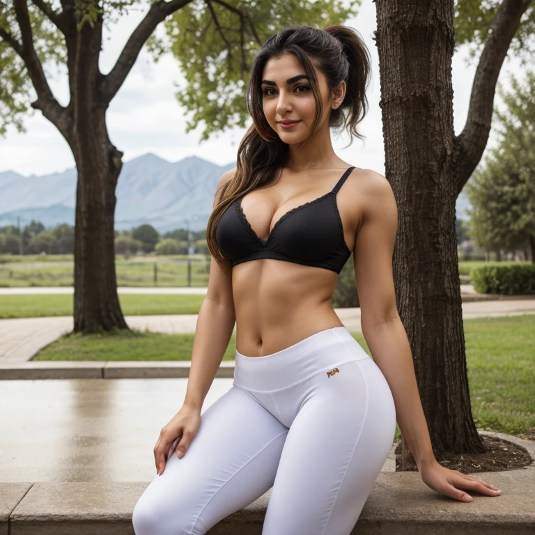 Pornstar fatemeh, 25 years and 7 months and 21 days old/ mixture of Phoenician, Greek, Armenian, and Arab/almond eyes, brown eyes, blonde hair,thick hair, ponytail/ bow-shaped lips, uptruned Nose, square jawline, narrow forehead, Protruding chin, high-arch eyebrows, black eyebrows , thick eyebrows/168 centimeters height, 61 kilograms weight,tanned body,long legs/ small mole on left eyebrow، small mole on the corner of the lower left lip, straight wavy hair،A small amount of acne on the cheek، Cheek dimple, chin dimple/ smiling/ IMPORTANT PROMPT : RAW photo long distance show full body Shoes in view , white socks, white yoga pants , black bra, standing in park, chairs, trees, rainy day, mountain, winter