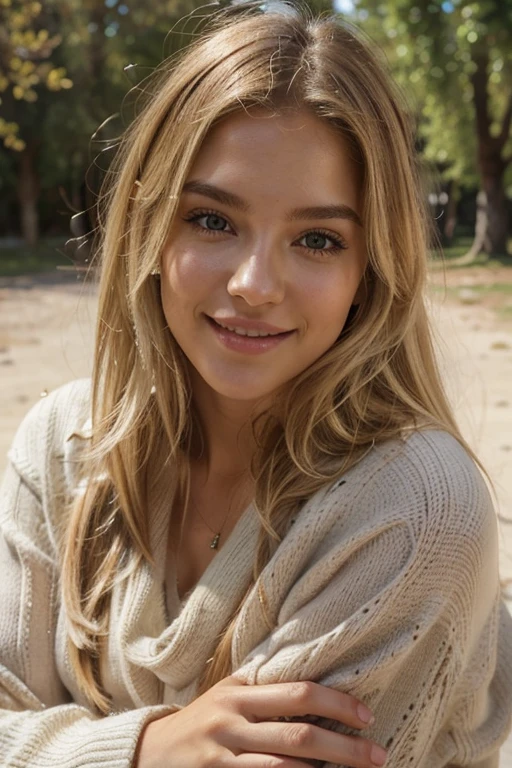 A 23-year-old blonde woman, ((pechos grandes)), ((hiperrealismo)) ,. blonde hair with light brown roots. cabello rubio, Hair with brown roots, cabello extra largo, cabello muy largo, Cabello muy largo, hermoso, Foto tomada con iPhone 15 pro, sunny winter day, alta calidad, ojos verdes, labios carnosos, profundidad de campo, sonriendo, abrigo de invierno acolchado, cuerpo entero hasta los pies