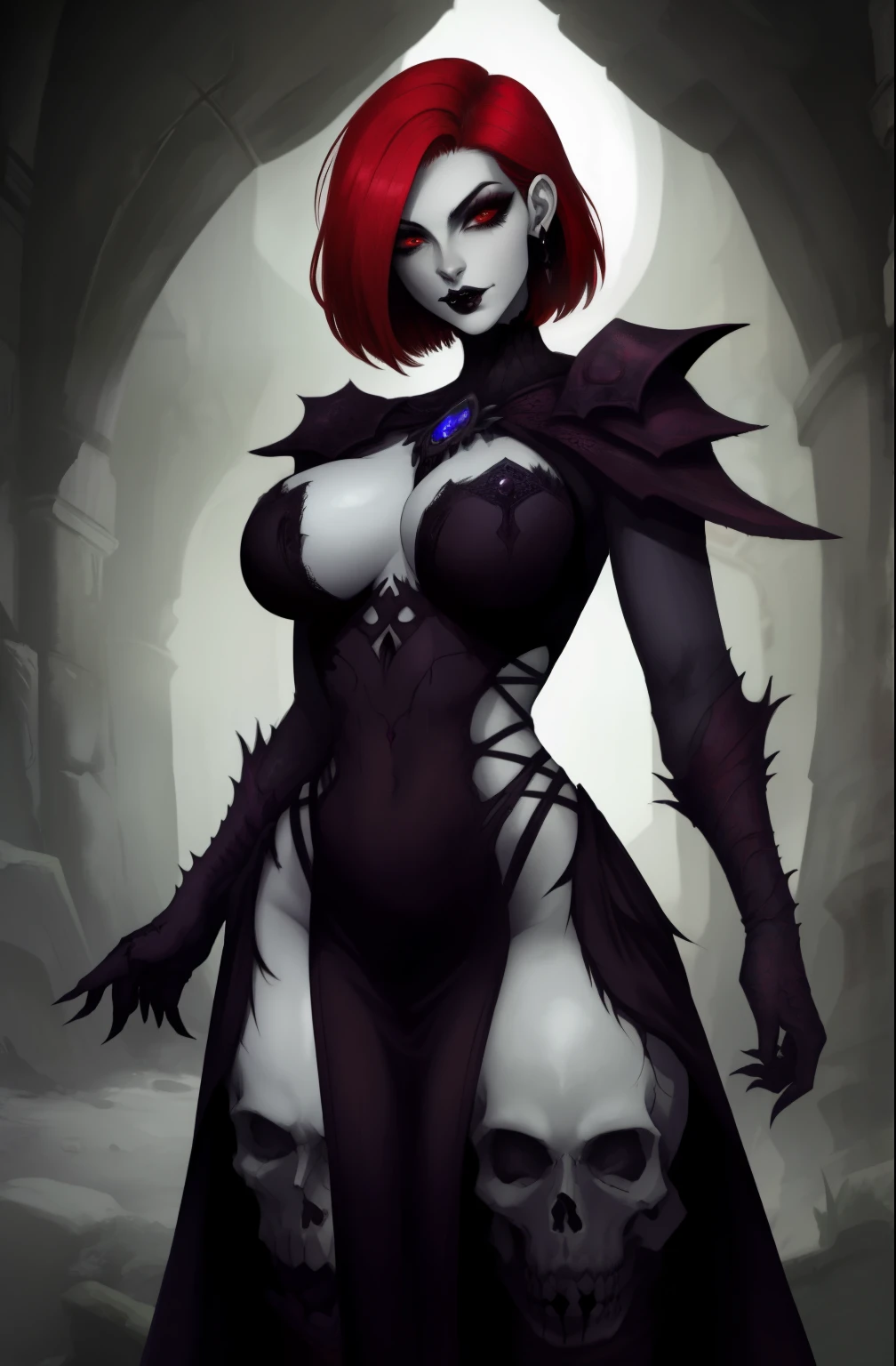 Fantasy Female Necromancer with pale skin and short red hair , dark mascara, heavy makeup, skulls