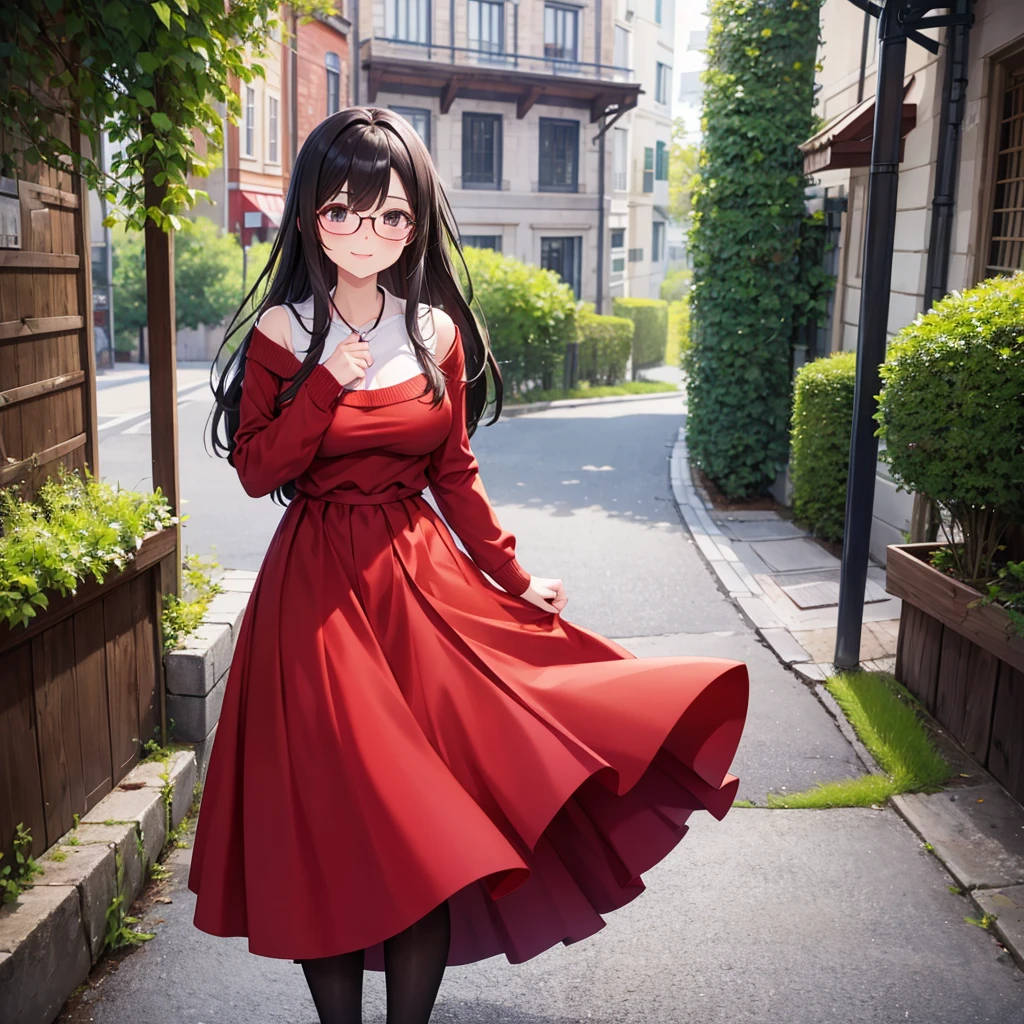 masterpiece, best quality, 1 girl, ((looking at the audience)), Antique attire,red dress long hair,  ahog, sweater, sweater skirt, pantyhose, 163cm, hair between eyes, big breasts, aldult, 33 years old, Mature, Glasses, alone, only, Toothy smile