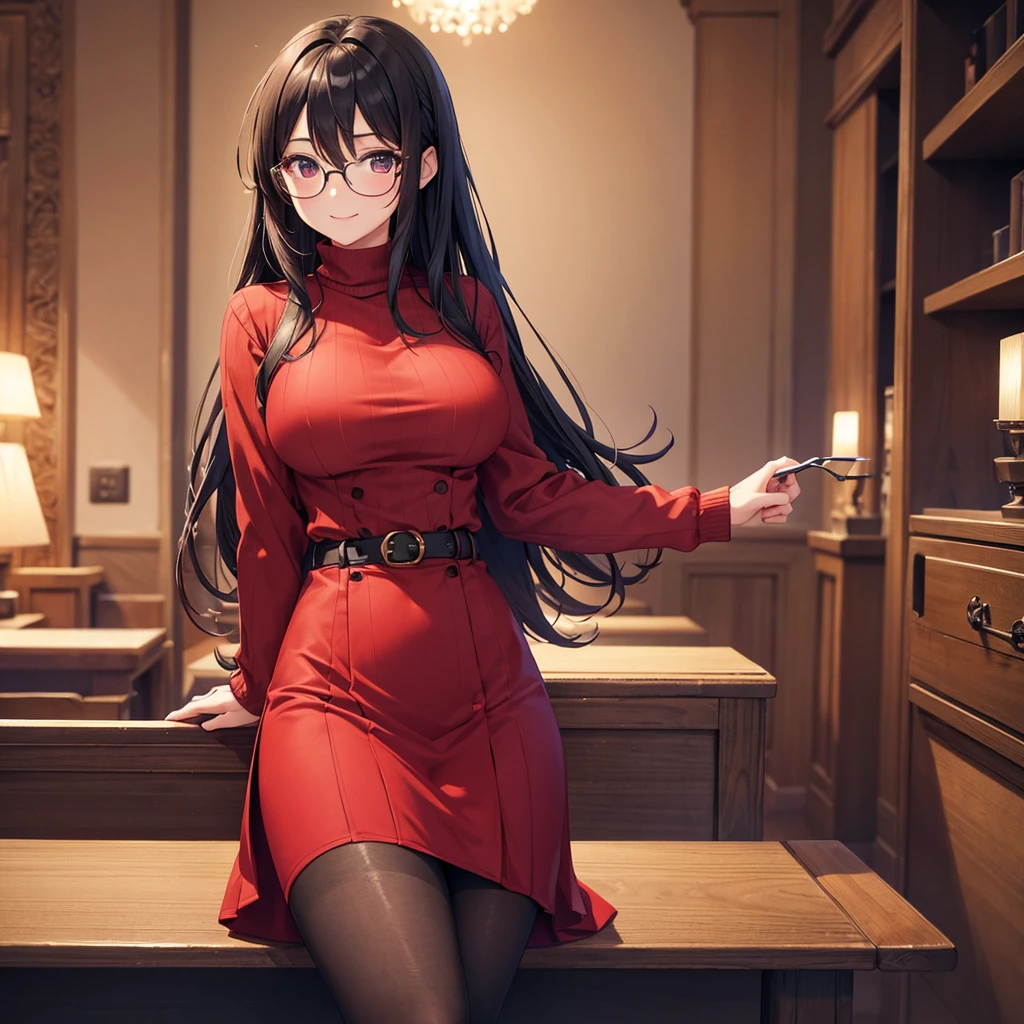 masterpiece, best quality, 1 girl, ((looking at the audience)), Antique attire,red dress long hair,  ahog, sweater, sweater skirt, pantyhose, 163cm, hair between eyes, big breasts, aldult, 33 years old, Mature, Glasses, alone, only, Toothy smile