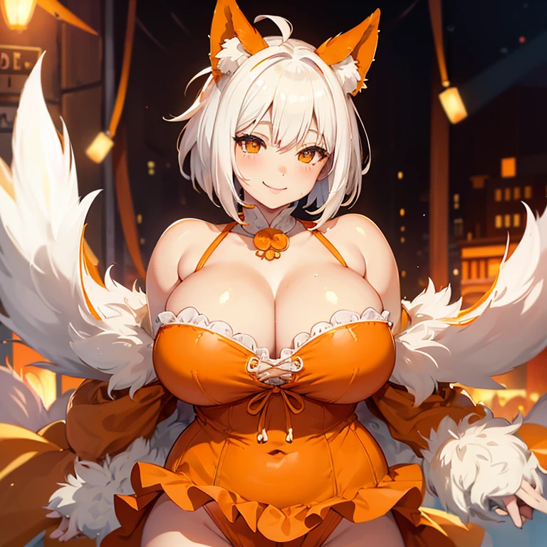 white hair,girl,(Orange clothes),Mofumofu tail,orange animal ears,plump,Expression: confident smile,bright eyes , big smile,plump,kind,Generous, bob ,sexy,big tail,cleavage,cleavage cutout,solo,Sloppy,bob cut, natural wave hair,low length