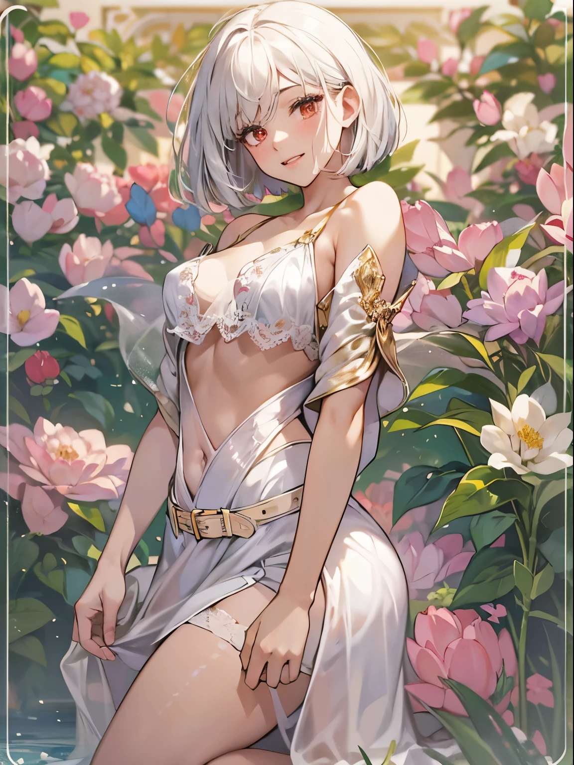 （enrich the image，Masterpiece quality）Beautiful 8K CG artwork，Goddess-like posture，Kneeling exercise，スリムでsoft,(transparent skin,Platinum Brand,bob cut,The skin is fair and juicy:1.3),Outlook part 1.2x enhanced silhouette effect,(white shorts,black knee high boots,Gold thread edging,Loose and obliquely lowered belt,Open tube top with back,The details are intricate and exquisite:1.1),the background is a little blurry,In flowering meadows,Temptation of attractive and voracious feet，drooling,Clothes that show body lines,blush,open your legs wide,attract,Platinum Brand,red eyes,wheezing,Trance,Breasts porori,soft,- Rubbed violently from behind,See through,Plug-ins,innocent smile,Dagger in hand,desert oasis,Marry the King of the Desert,Delicate veil of white lace,canopy bed,squirt,