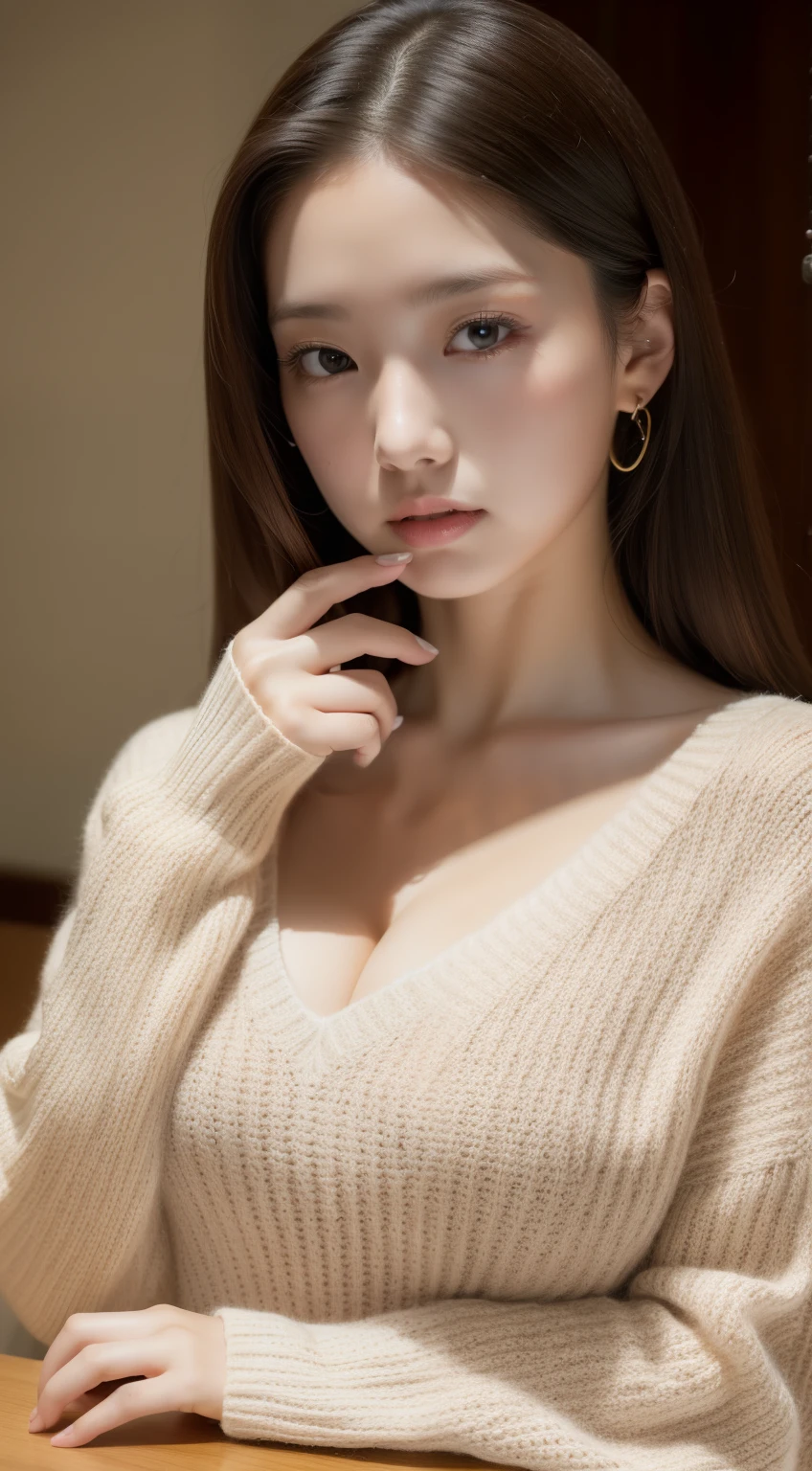 (RAW photo, 最high quality), (realistic, realistic:1.2),high quality, (high detail skin:1.4), 1 girl,Lying on the table,sweater,huge tit